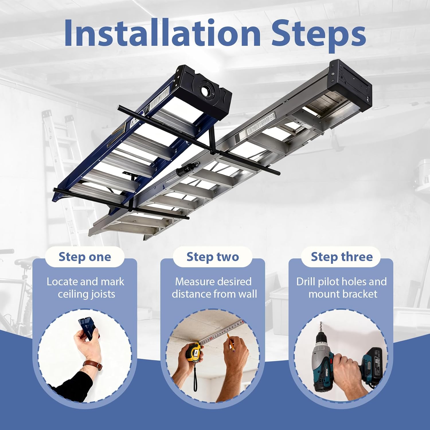 Double Kayak/Ladder Ceiling Storage Rack, 10"-18" Adjustable Ceiling Rack, 30" Bar Length Holds 200 lbs Ideal for Kayak, Ladder, Surfboard, Snow boar Overhead Hanger (Double Side)