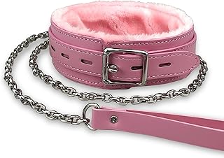 Collier ras du cou gothique en cuir synthétique doublé de fourrure pour animal domestique avec longue chaîne amovible et durable (rose)