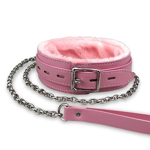 Gothic Leather Choker Collar, PU Leather Fur Lined Pet Collars Necklace with Long and Durable Detachable Leash Chain Pet Collars (Pink) - Pink