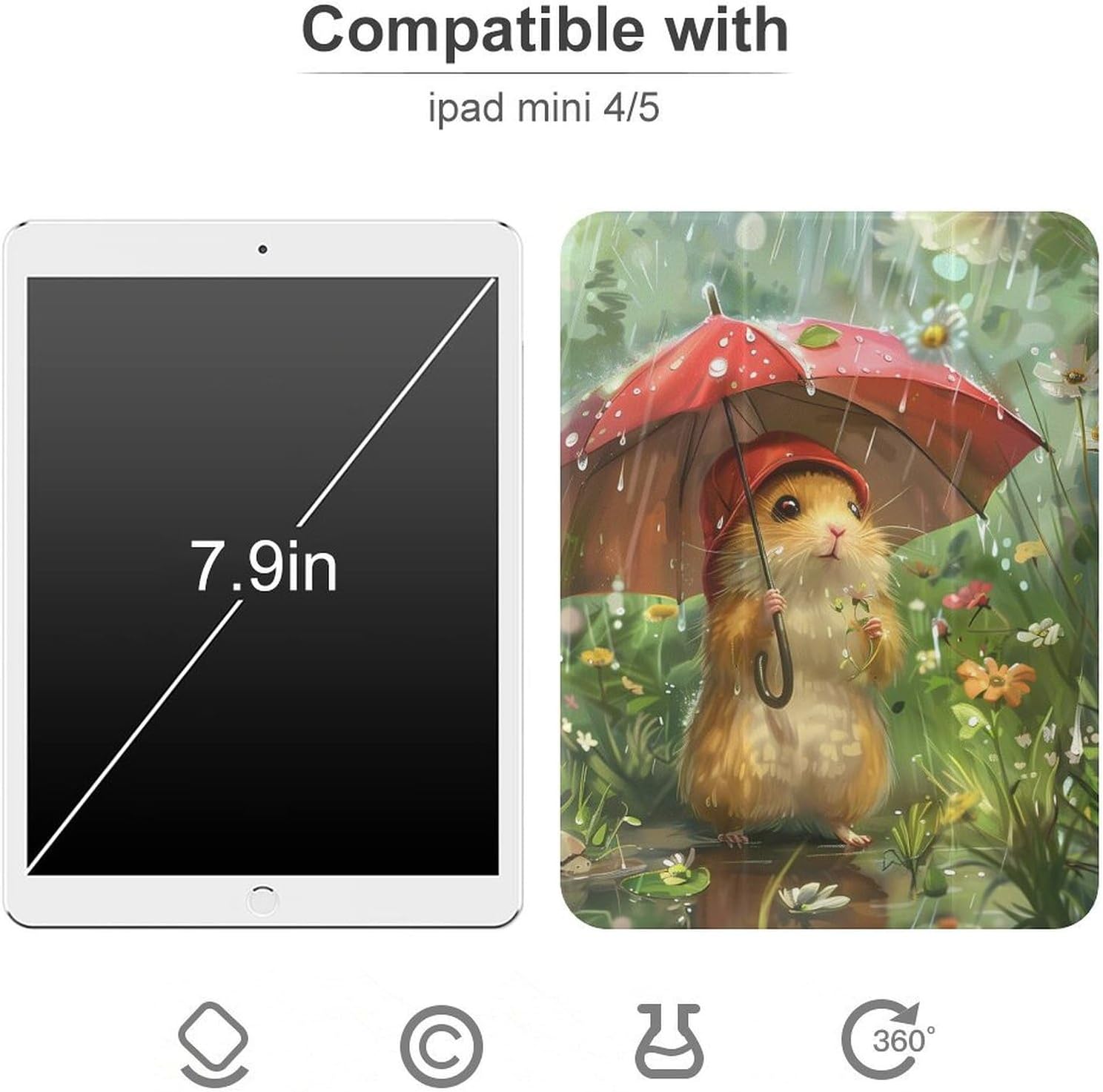 Hamsters Cute Case Compatible for Mini4/5（7.9in） Trifold Tablet Protective Cover with Pencil Holder