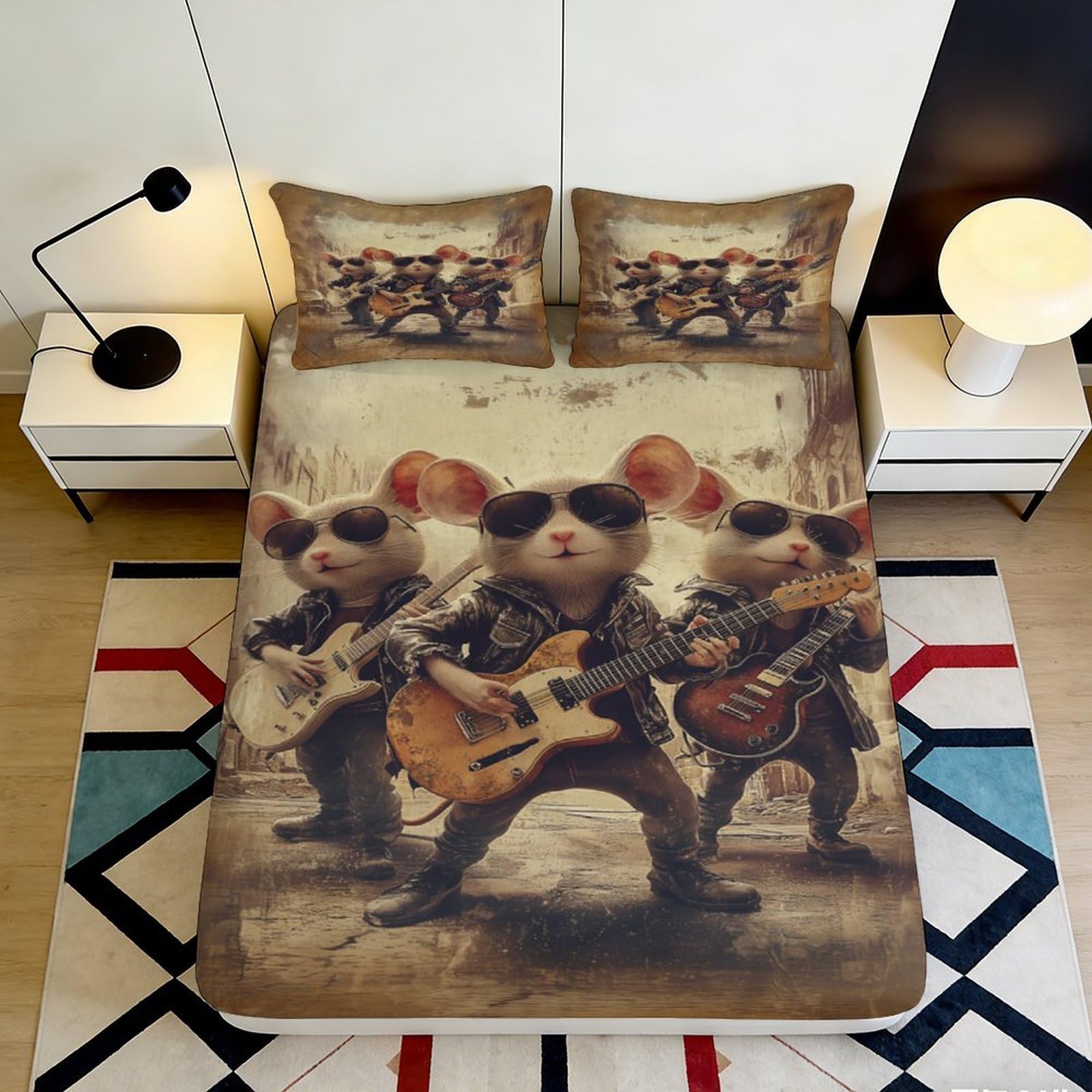Jqzkxnhpbr Style-8 3D Printed Cool Mouse Band Fitted Sheet Microfiber Soft Cartoon Animal Guitar Bed Cover For Bedroom Dorm Mattress Protection Decor 90X200x25cm