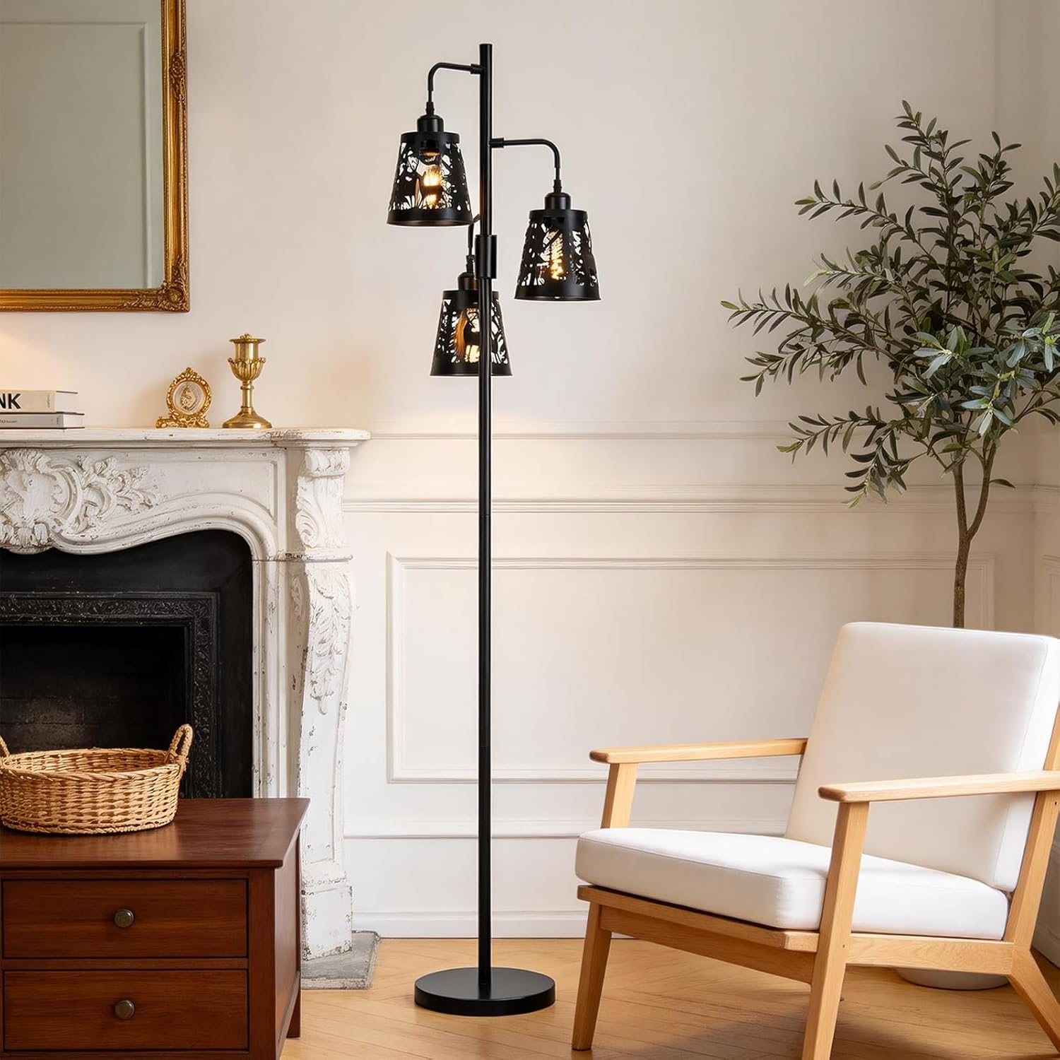 Rustic Floor Lamp-Deer Design, Farmhouse 3-Light Black Industria Metal Dimmable Standing Tall Lamp for Living Room, Bedroom, Study(No Bulbs)
