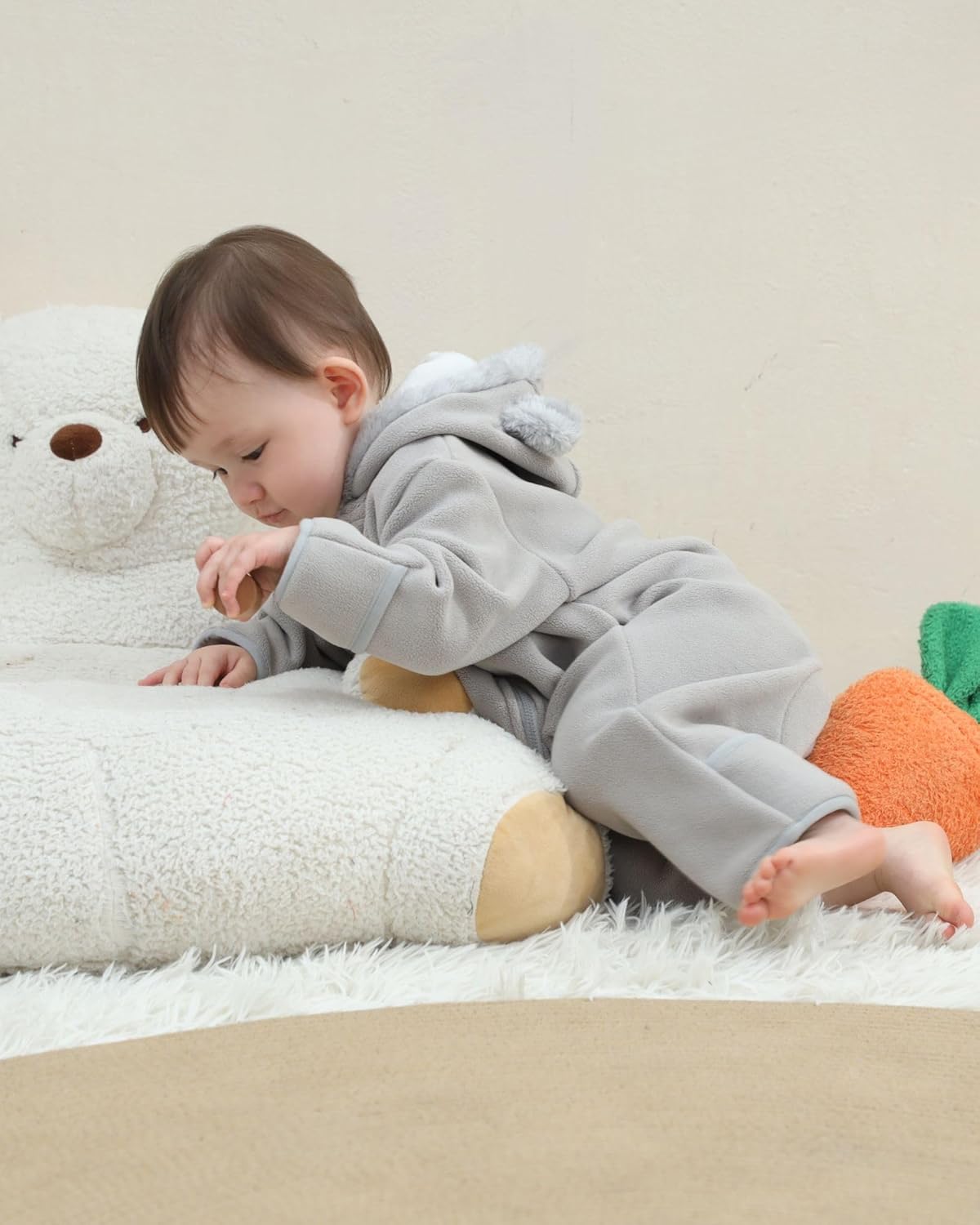 Baby Jumpsuit with Cute Bear Hoodie Warm Fleece Lined Newborn Snowsuit Rompers for Fall Winter 0-18 Month - Image 3