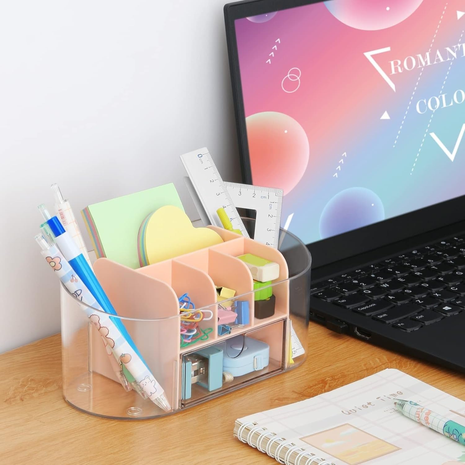 Organizzatore Scrivania Organizer da Scrivania Trasparente con Cassetto, Portapenne in Acrilico, Pennarelli, Forniture per Ufficio Trasparenti Ufficio(Pink)