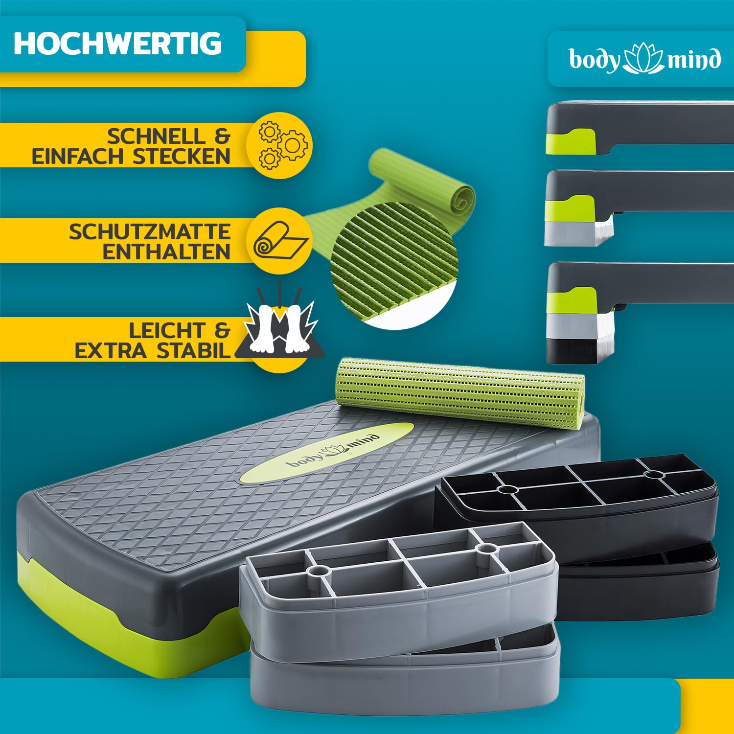 Body & Mind® Aerobic Steppbrett Stepper Step-Bench mit gratis Anti-Rutsch-Matte & exklusiven Trainings E-Book