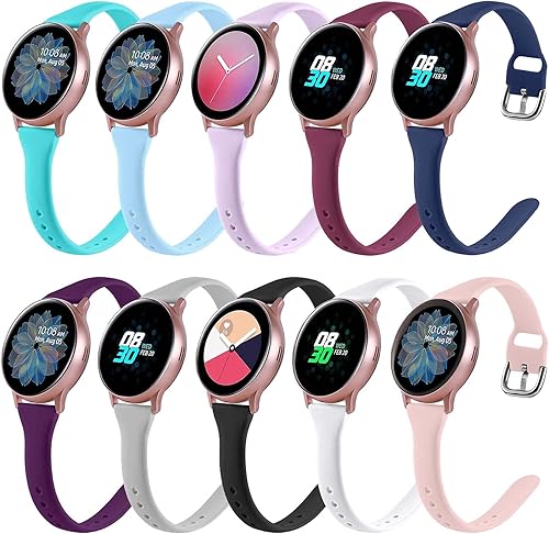 Paquete de 10 correas delgadas compatibles con Galaxy Watch 456 Classic, Galaxy Watch Active 2, correa deportiva de silicona ajustable de 0.787