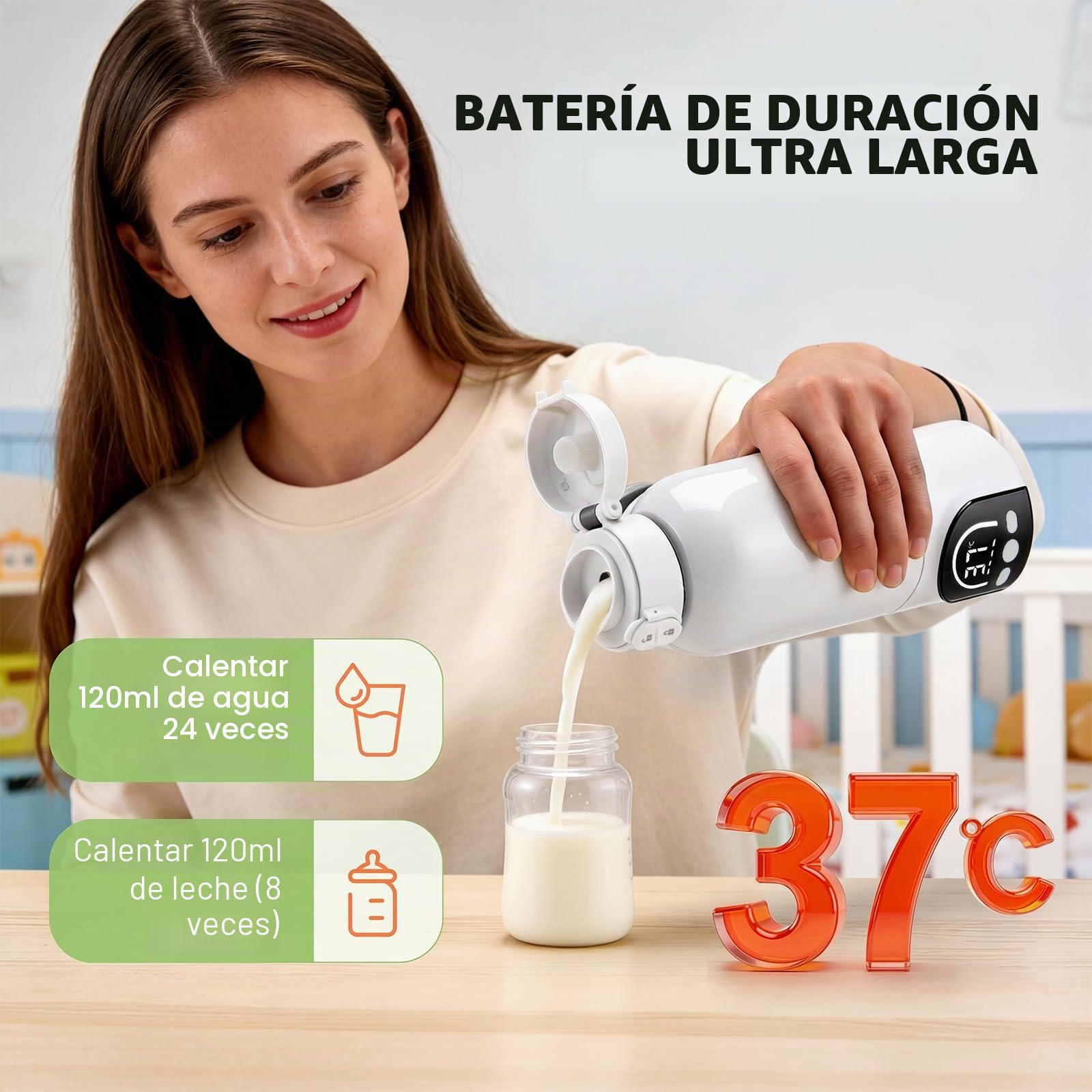 Calentador portátil inalámbrico para biberón portátil de 500 ml para leche materna y agua, 140 W y temperatura ajustable 35 ℃-70 ℃, carga USB calentador de agua para viajes (blanco)