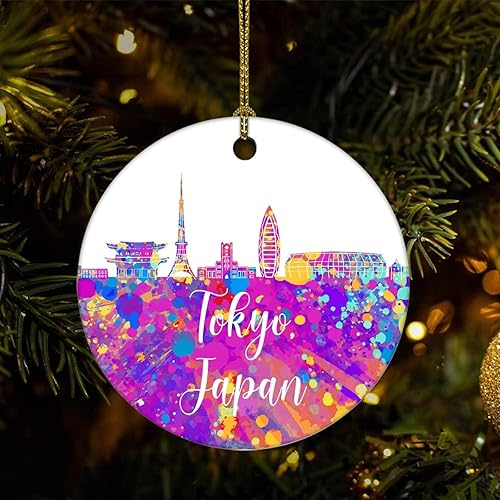 Christmas Tree Ornaments Japan-Tokyo Christmas Ornament Keepsake Ornament Home Decor City View Silhouette Hanging Pendants Round Ceramic Xmas