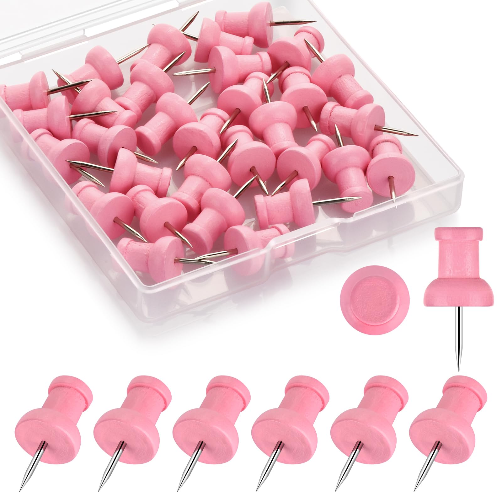 40Pcs Wood Push Pins, Decorative Thumb Tacks, Wooden Pins and Tacks, Cork Board Thumbtacks, Cute Thumbtack for Wall and Bulletin Board, Map Pins (Pink)