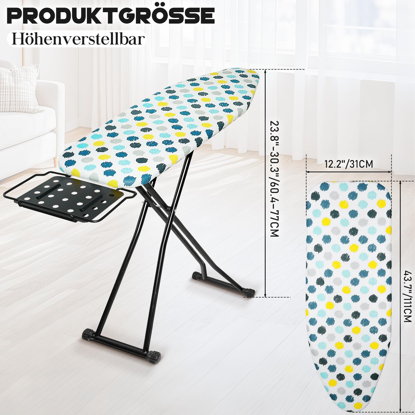 SUNDOY Asse da stiro Premium 111 x 31 cm, larghezza extra 31 x 91,5 cm, regolabile in altezza, imbottitura a 3 strati, stabile asse da stiro per la casa