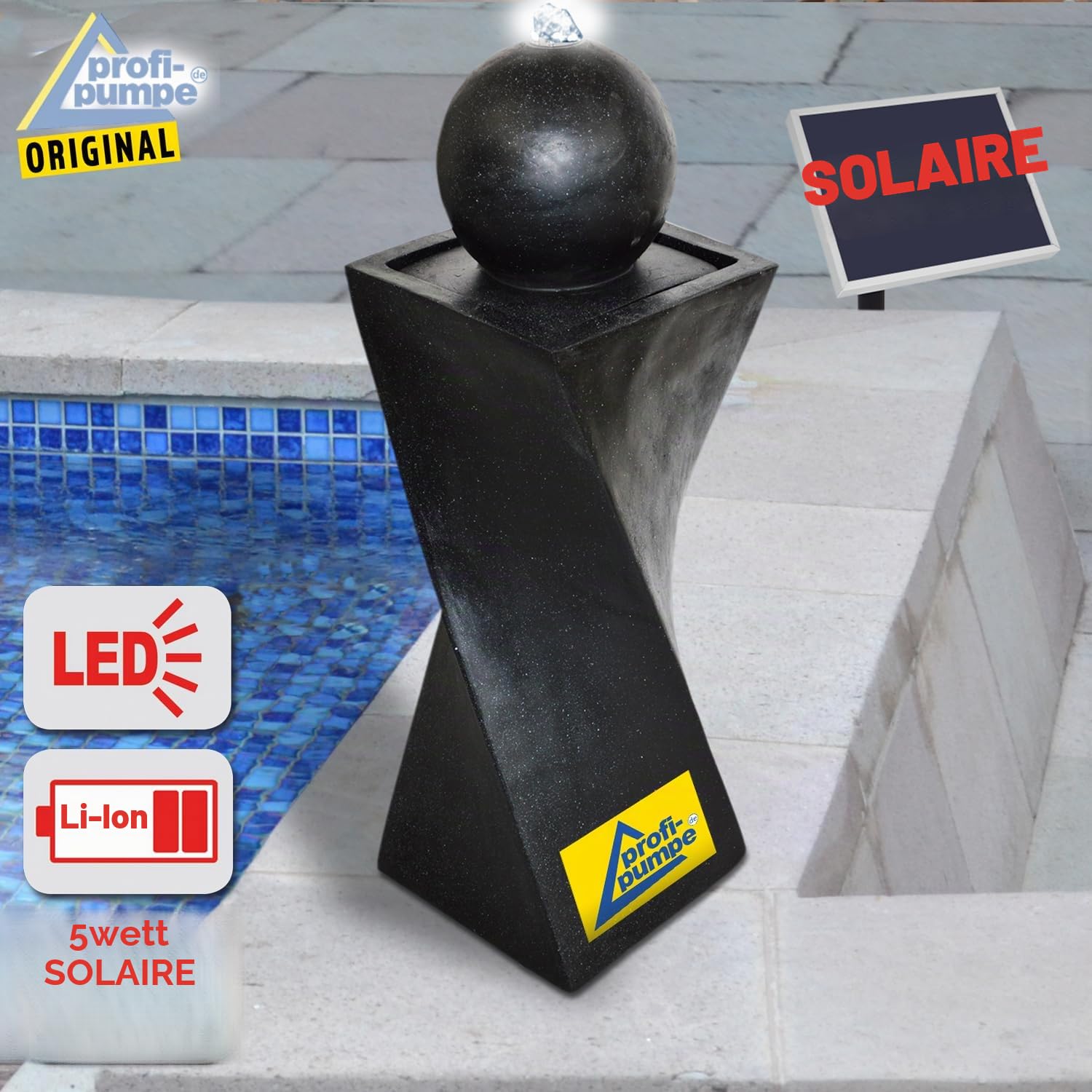 Fontaine Extérieure Solaire Autonome 5 W avec LED - Sphère Granit Noir sur Pied - 75 cm