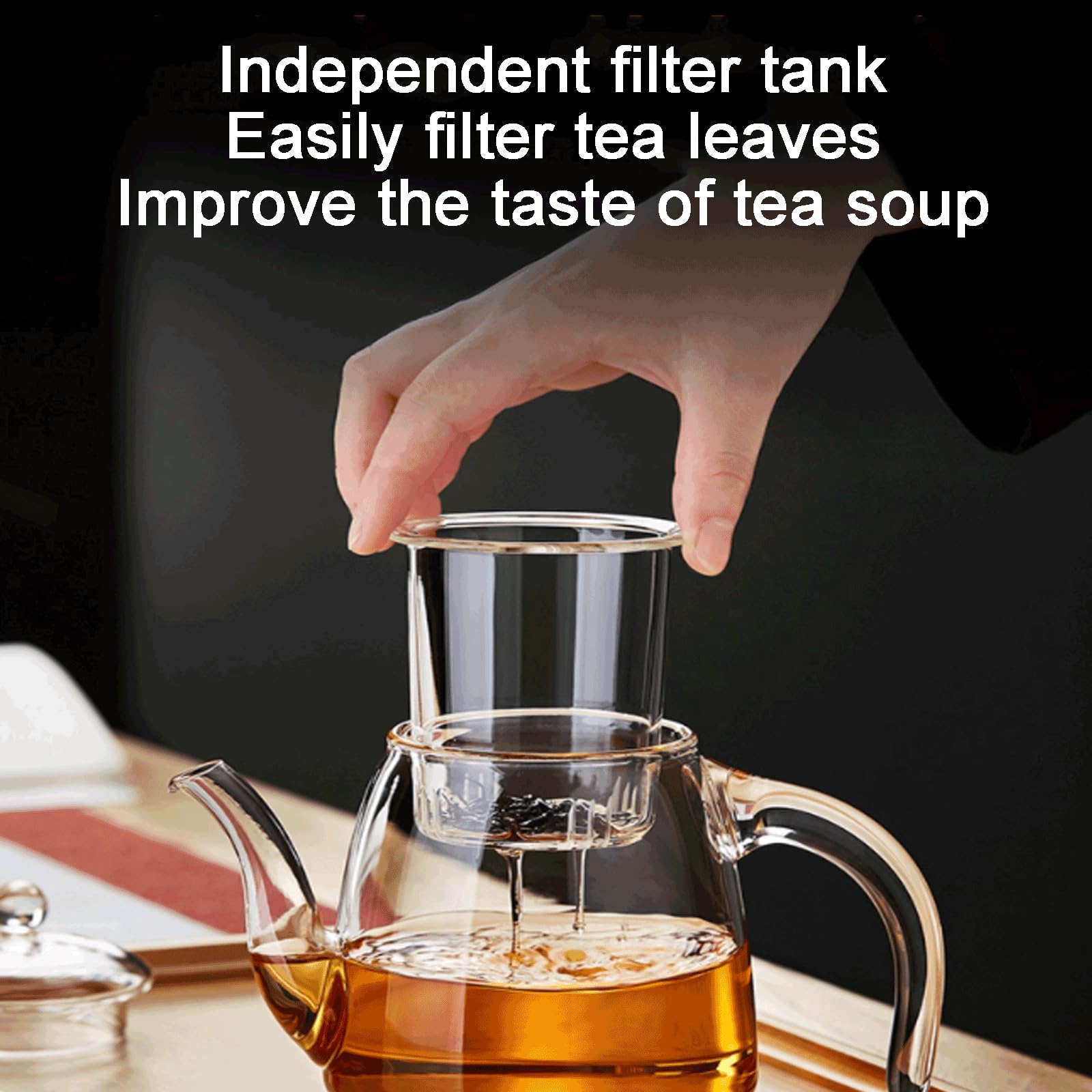 Taza de té de Vidrio Transparente de sobremesa con infusor y Tapa, Gran Capacidad, 25,6 oz/730 ml (con Cuatro Tazas)