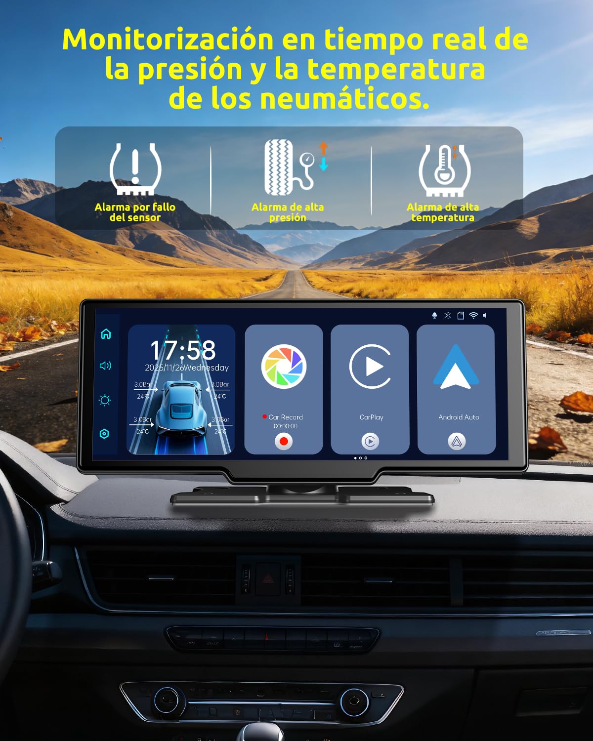 ESSGOO Pantalla Coche 10.26 Pulgadas Carplay y Android Auto Inalámbrico con 4 Sensor de Presión de Neumáticos Cámara Frontal 4K Trasera 1080P,IPS Táctil,Bluetooth,Mirror Link,Control por Voz,64GB TF