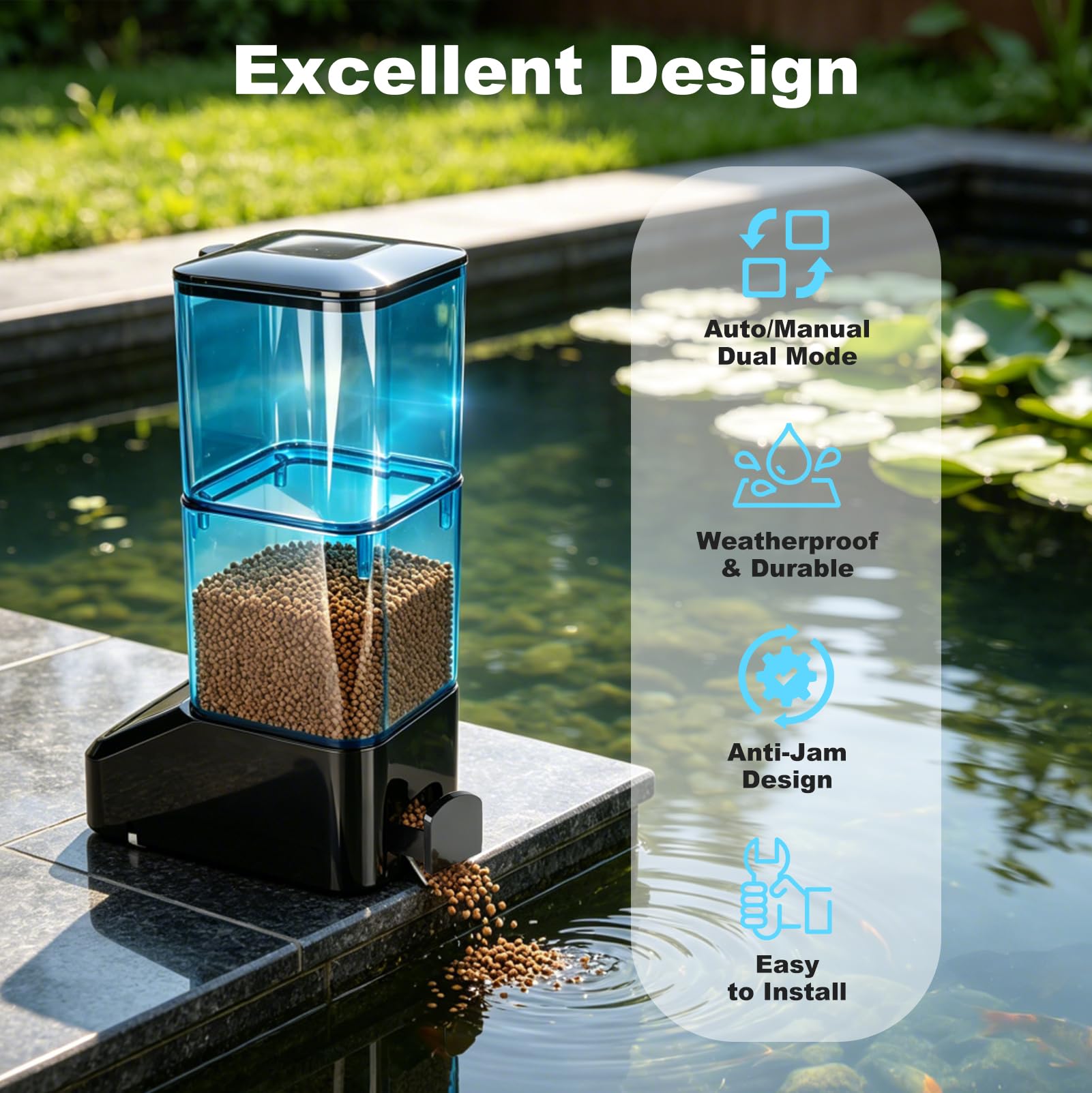 Mangeoire Automatique pour Bassin, 2L fishkeeper Distributeur Automatique pour Aquarium avec Minuterie, 1 À 6 Repas/Jour, Système Anti-Blocage, Mode Manuel/Automatique,(Piles Non Incluses)