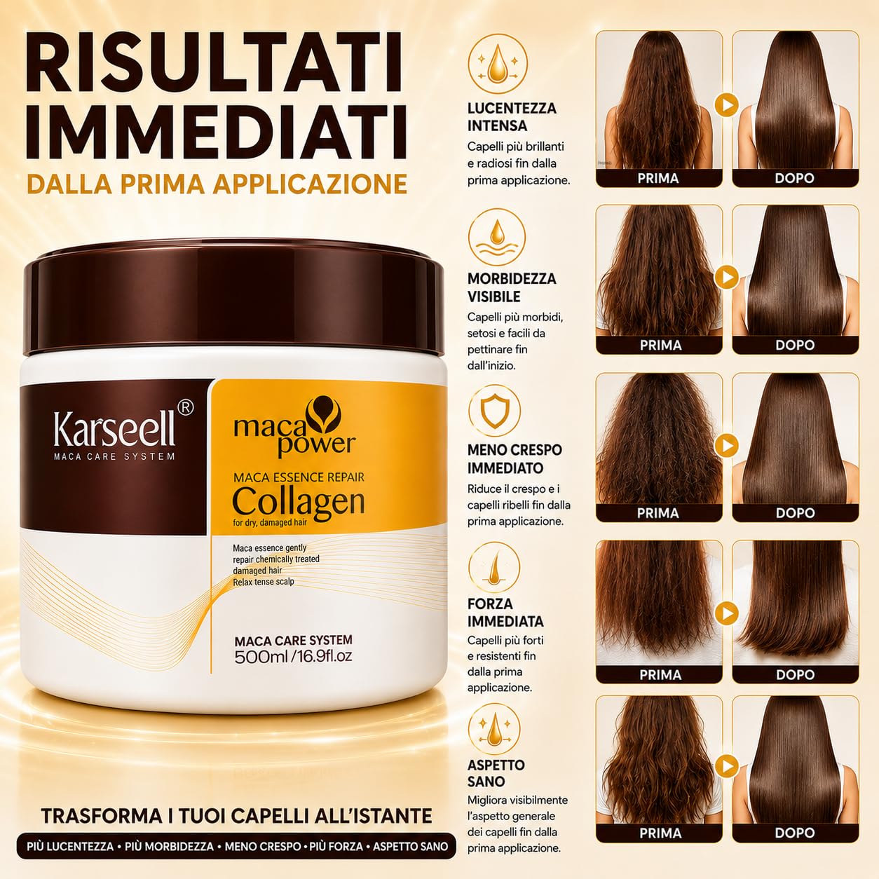 Karseell MACA CARE SYSTEM Maschera Capelli Professionale Collagene Olio Argan Cocco Avocado Cheratina Karité Ristrutturante Nutriente Idratante Anticrespo Capelli Secchi Danneggiati Rovinati 500ml