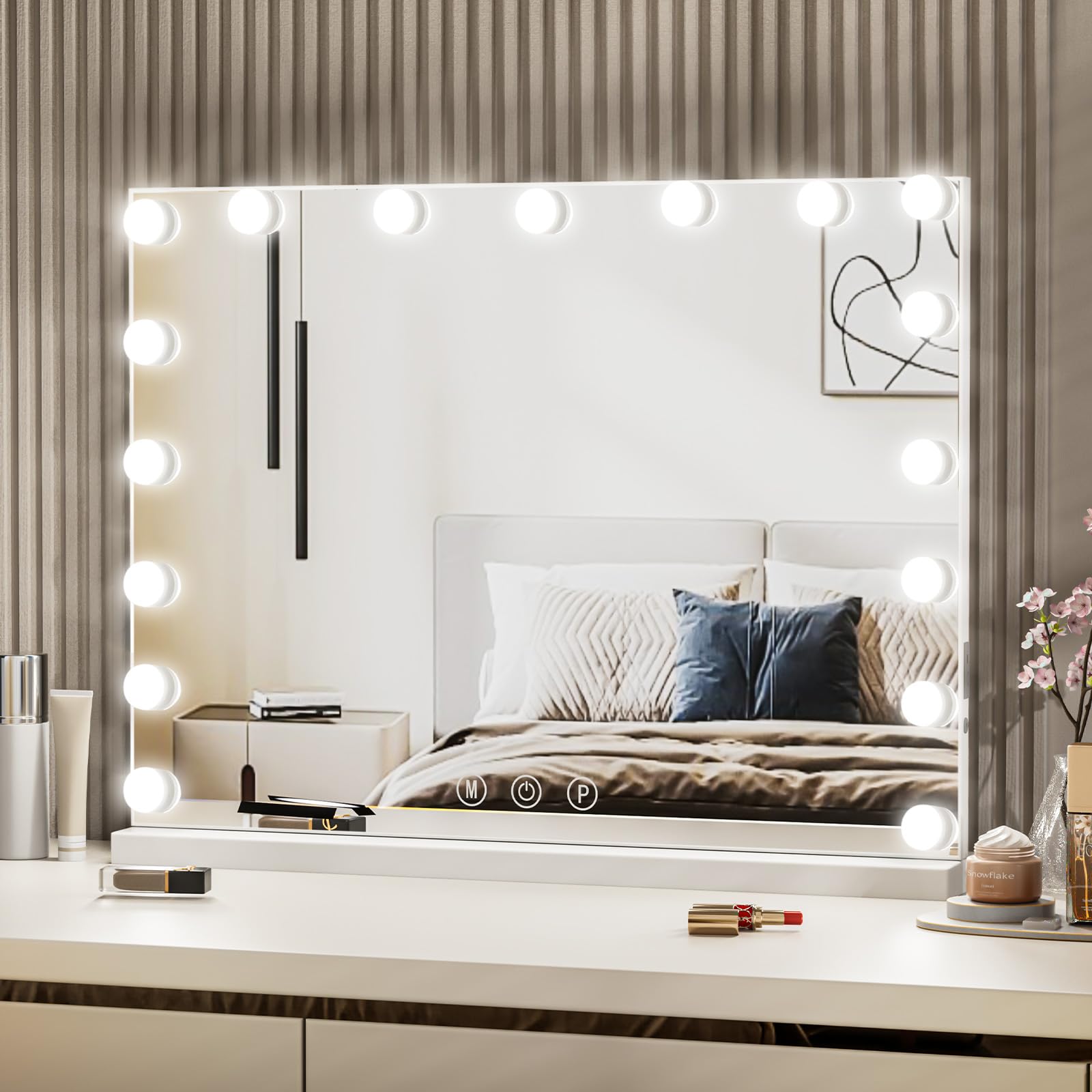 LIANWANG Espejo de Maquillaje Hollywood 80 x 60 cm, Espejo Grande con 17 Luces LED Regulables, 3 Modos, Función de Memoria, Cargador USB y Type C, Control Táctil, Blanco
