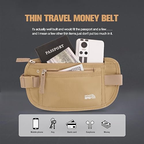 Miniatura 3 de Cinturón de dinero pequeño unisex para hombres y mujeres, soporte delgado para pasaporte, bloqueo RFID, bolsa de artículos esenciales de viaje con