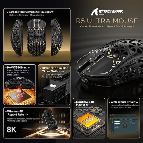 Miniatura 2 de ATTACK SHARK Ratón Gaming Inalámbrico R5 Ultra, 39g Fibra de Carbono Superligera Perforada, Sensor Óptico PAW3950MAX Nordic 52840 MCU Polling 8K DPI