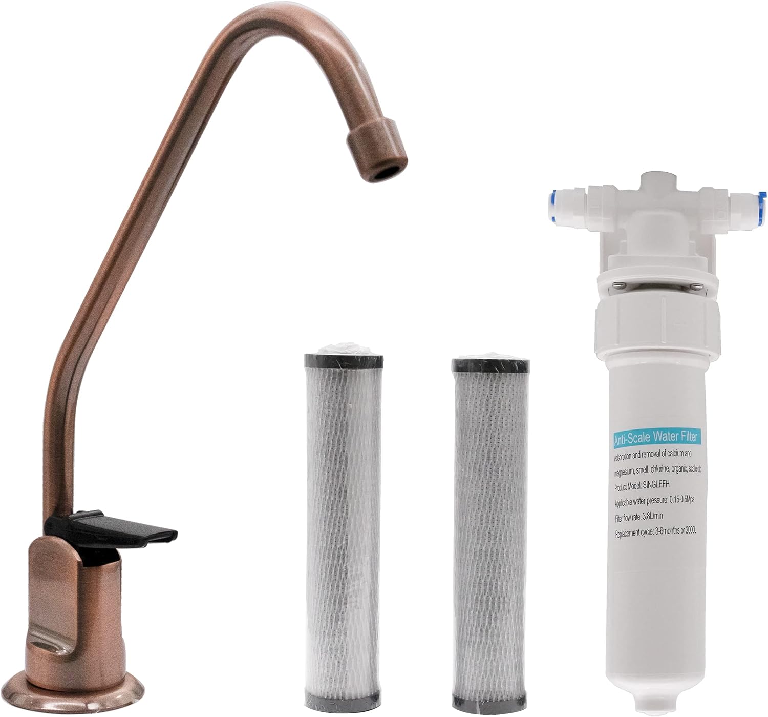 Westbrass CO128-11 8" Touch-Flo Style Pure Cold Water Dispenser Faucet Kit with Under Sink in-line Filter Unit and 2-Pack Replacement Cartridges, Antique Copper