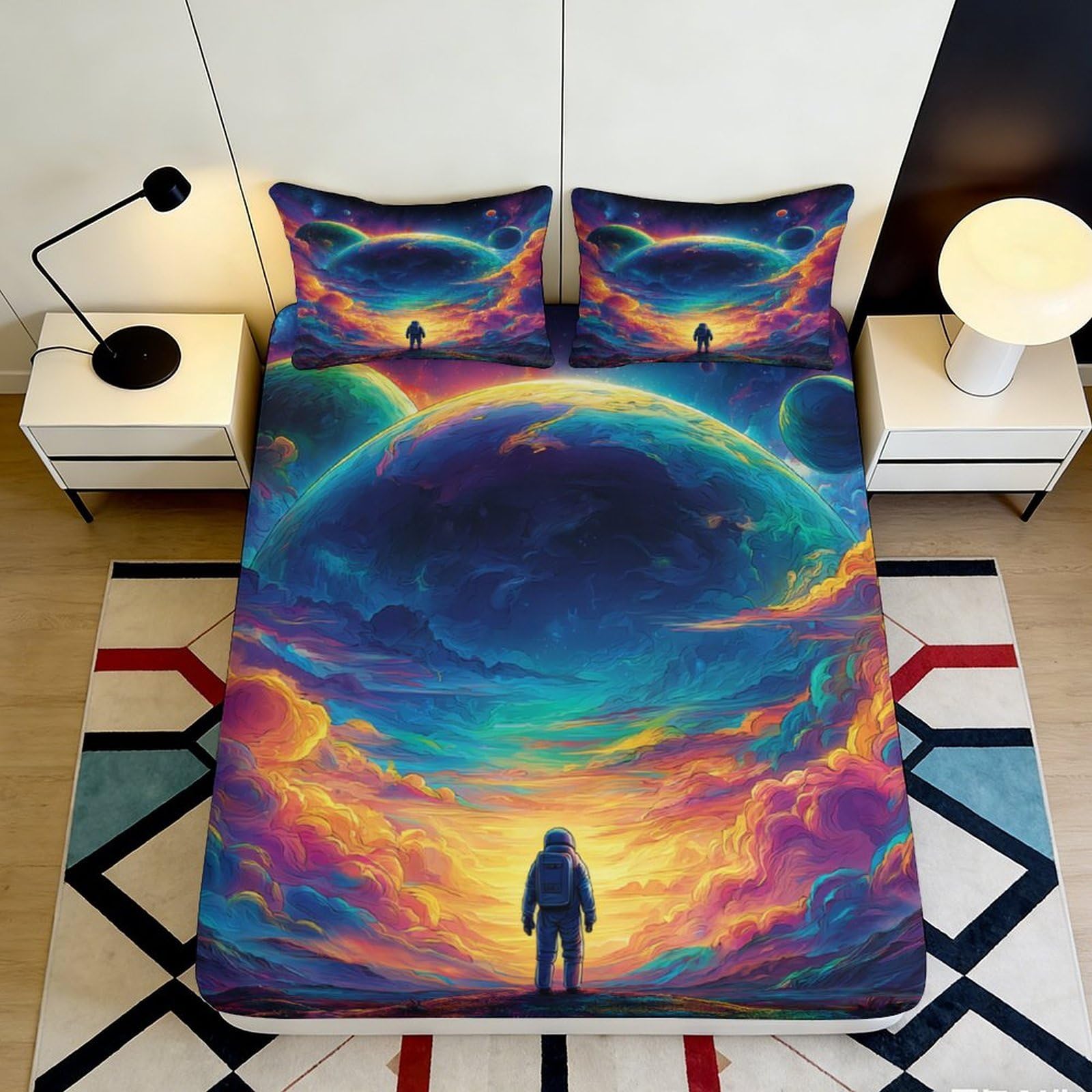 3D Printed Galaxy Starry Sky Fitted Sheet Microfiber Colourful Cosmic Nebula Mattress Cover for Bedroom Dorm Decor 160x200x25cm