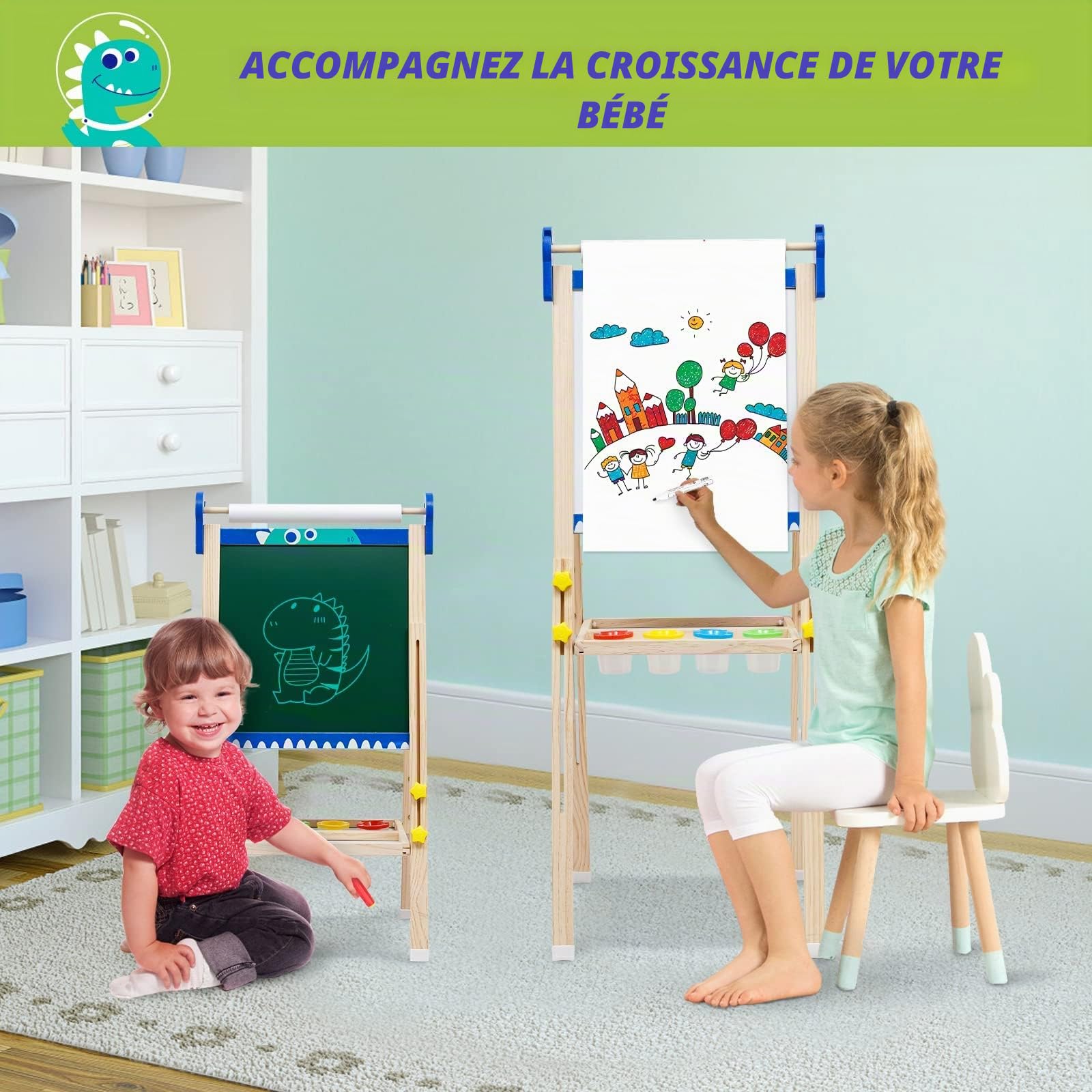 Chevalet Peinture Enfant,Tableau de Dessin Double Faces en Bois Pliable,Chevalet d'art Réglable en Hauteur avec Chiffres, Volutes et Autres Accessoires,Convient Enfant 2+ Ans(Dinosaure)