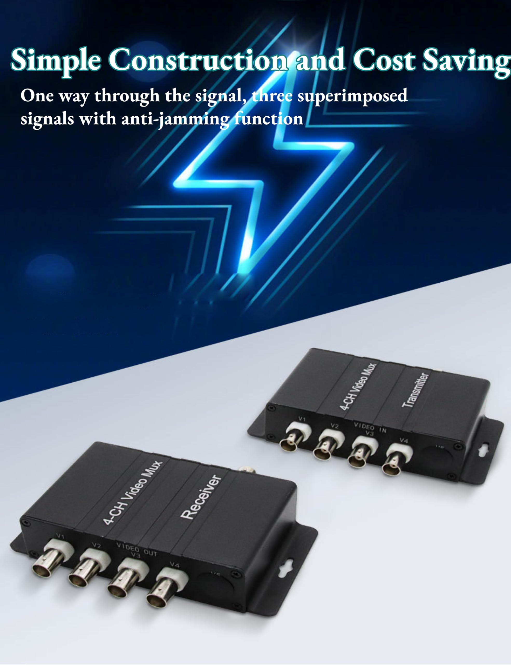 Multiplexer Video a 4 Canali, Resistente Alle Interferenze, Plug and Play, Trasmettitore e Ricevitore Multiplexer da 4 Video HD a Cavo Coassiale (400M)