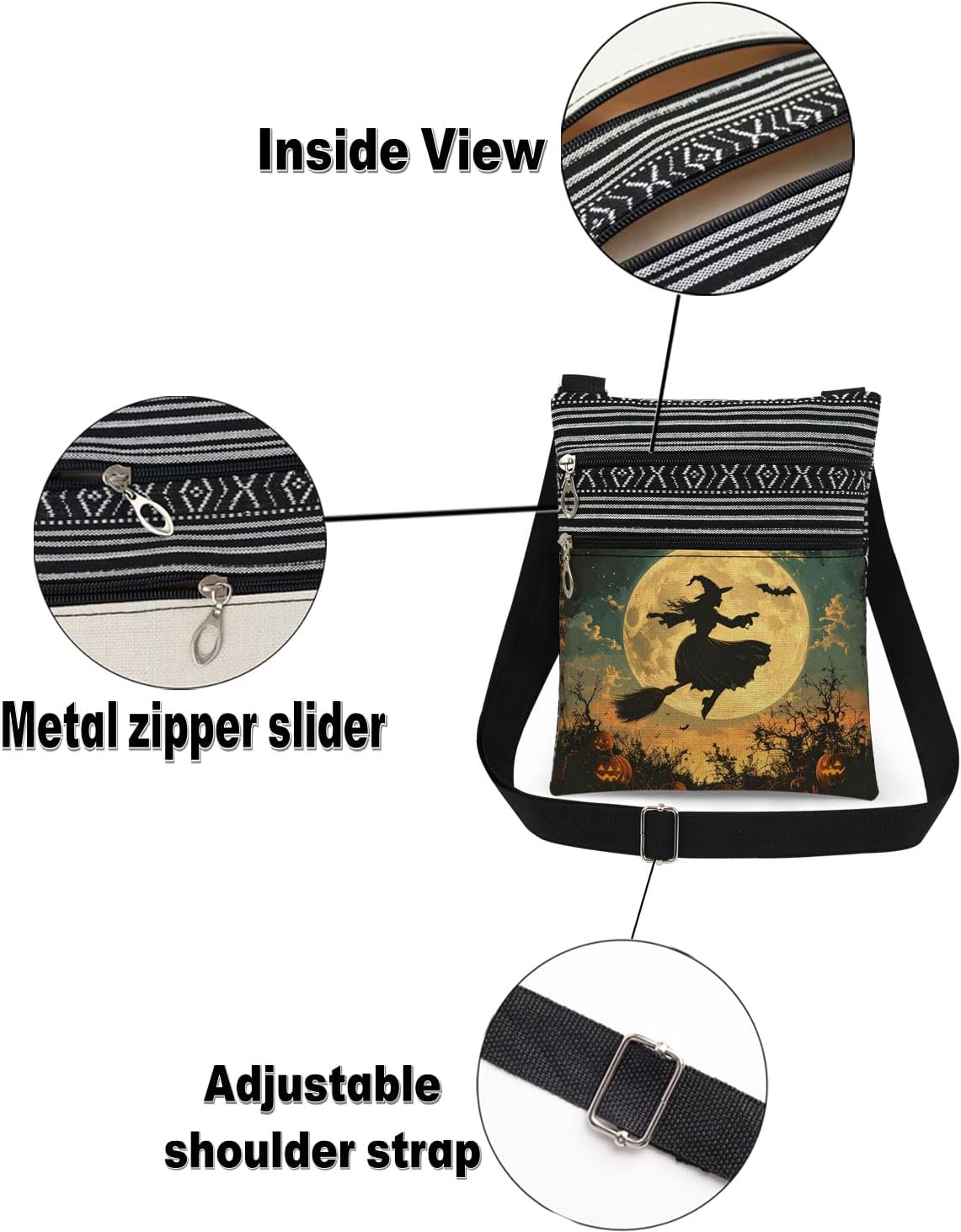 Halloween Witch on Broomstick Crossbody Bag