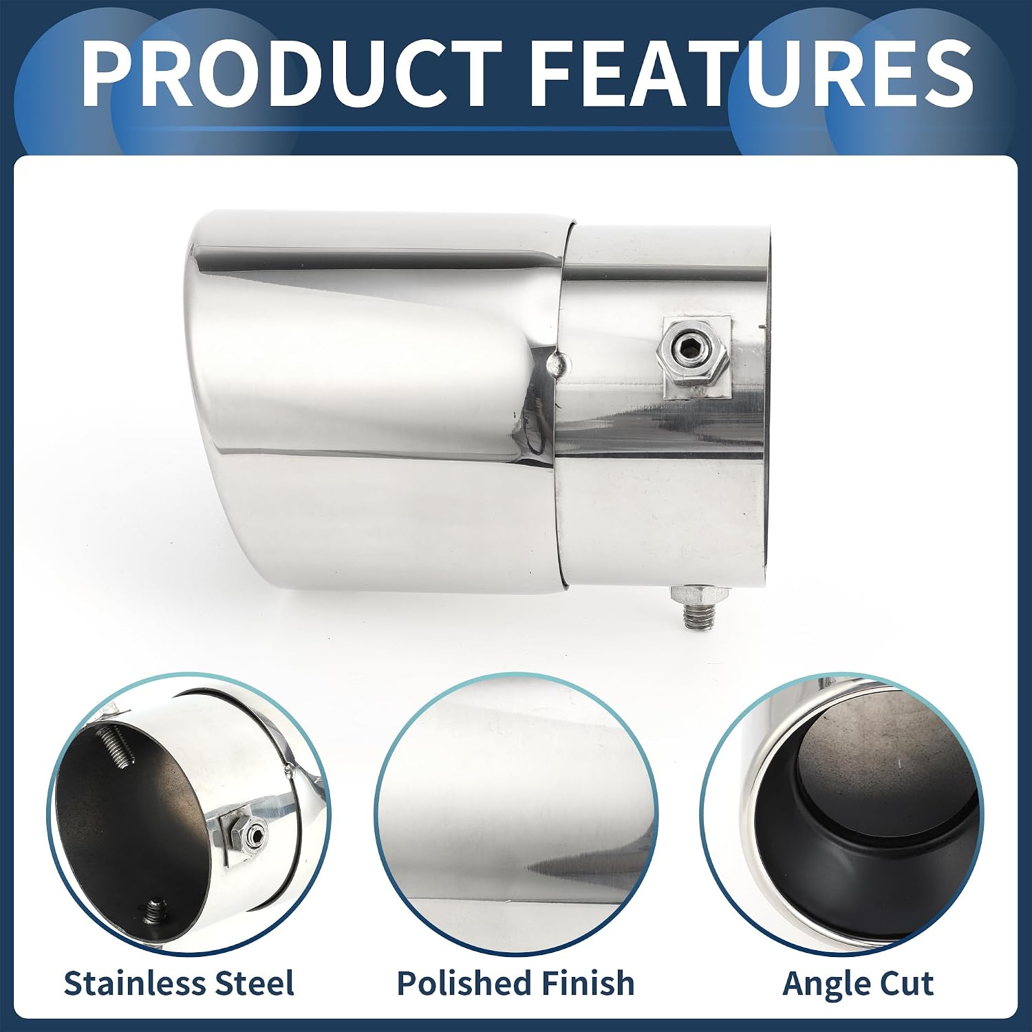 Roll Edge Exhaust Tip Rear 3.1" Inlet 3.5" Outlet 5.2" Length for Car Tailpipe Stainless Steel Silver Tone Bolt on