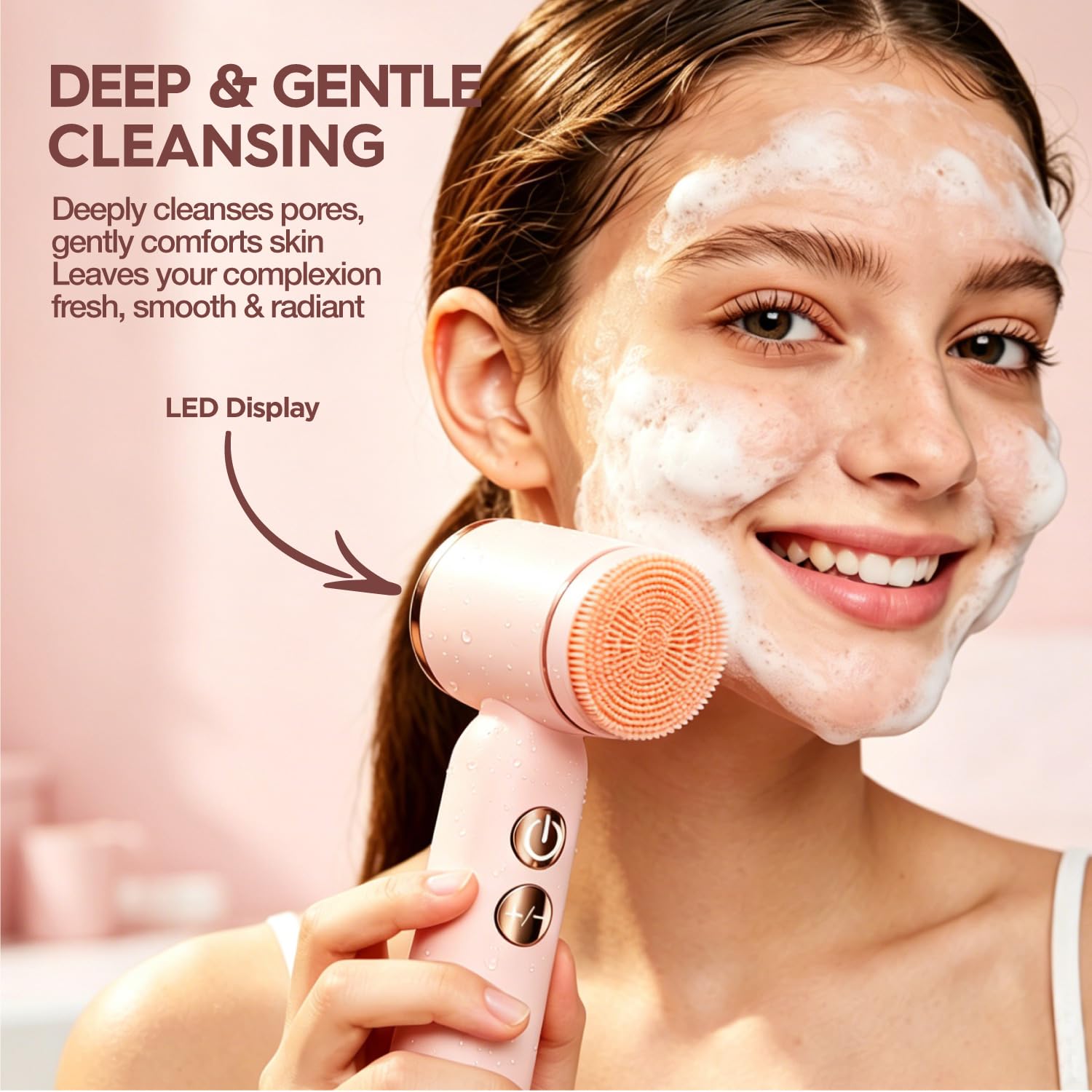 Facial Ceansing Brush with Led Display - 6-in-1 Exfoliating Kit, 3 Speeds, IPX6 Waterproof Electric Face Wash Brush for Deep Cleaning, Massage & Gentle Exfoliation-Milk White