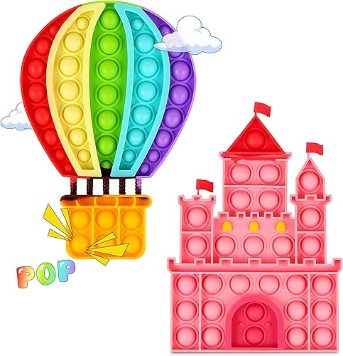 Paquete de 2 juguetes sensoriales de burbujas para presionar con castillo y globo de aire caliente, de silicona, para aliviar la ansiedad y el