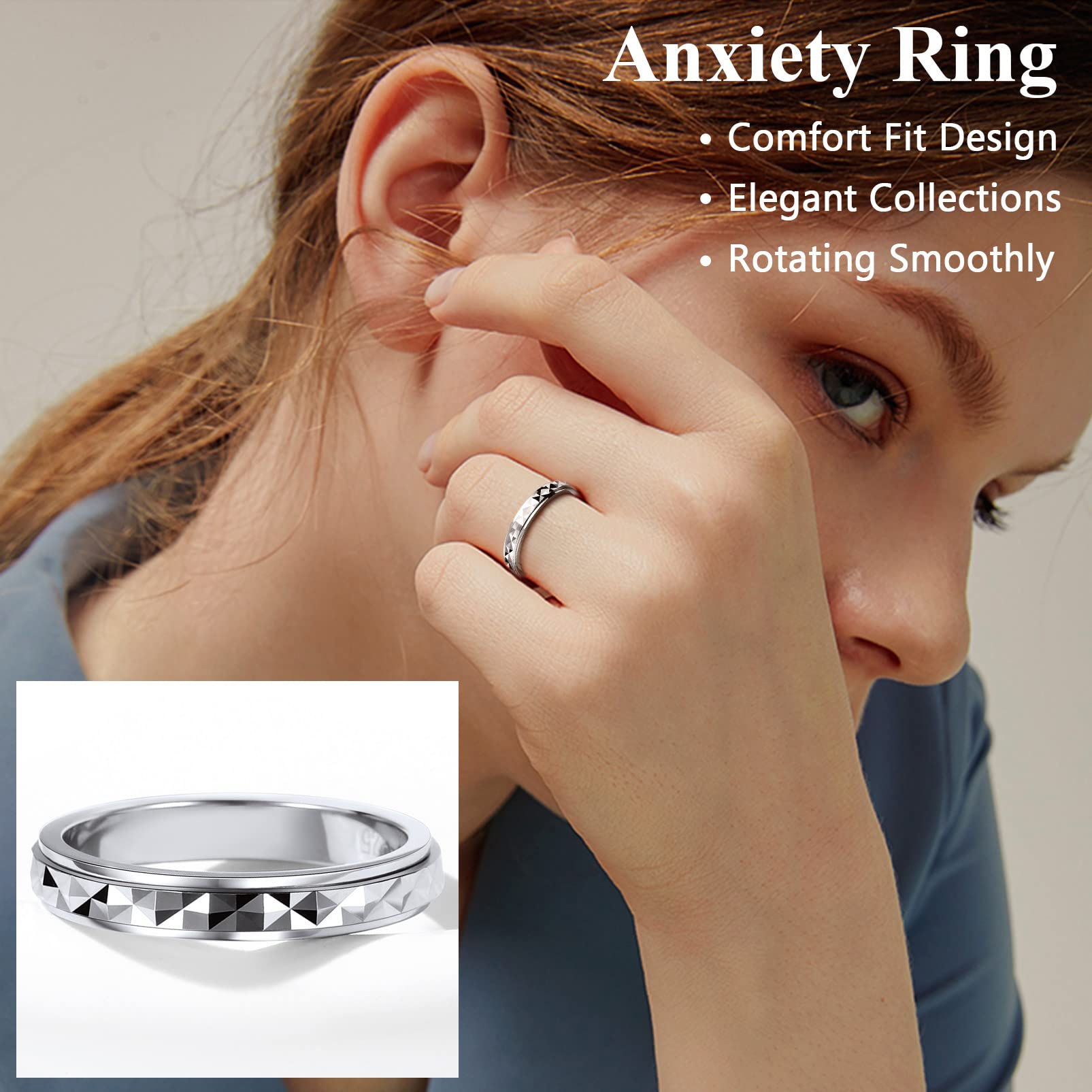 Silvora Damen Spinner Ring 925 Sterling Silber drehbarer Fingerring 3mm Schlichter Schmaler Sandstrahl Drehring Bandring Ringgröße 49.3（15.75）-67.2（21.25） für Verlobungsring Ehering Hochzeitsring