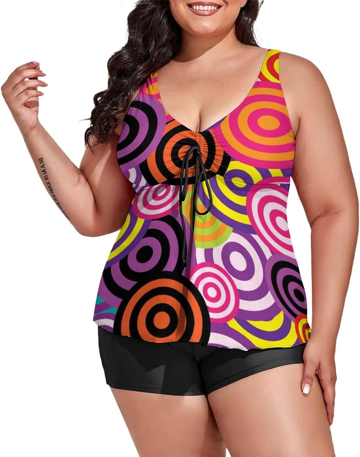 Plus Size Swimdress Abstract Colorful Circles Two Piece Tankini Swimsuits Women's Cute Floral Bathing Suits with Top/Boyshorts