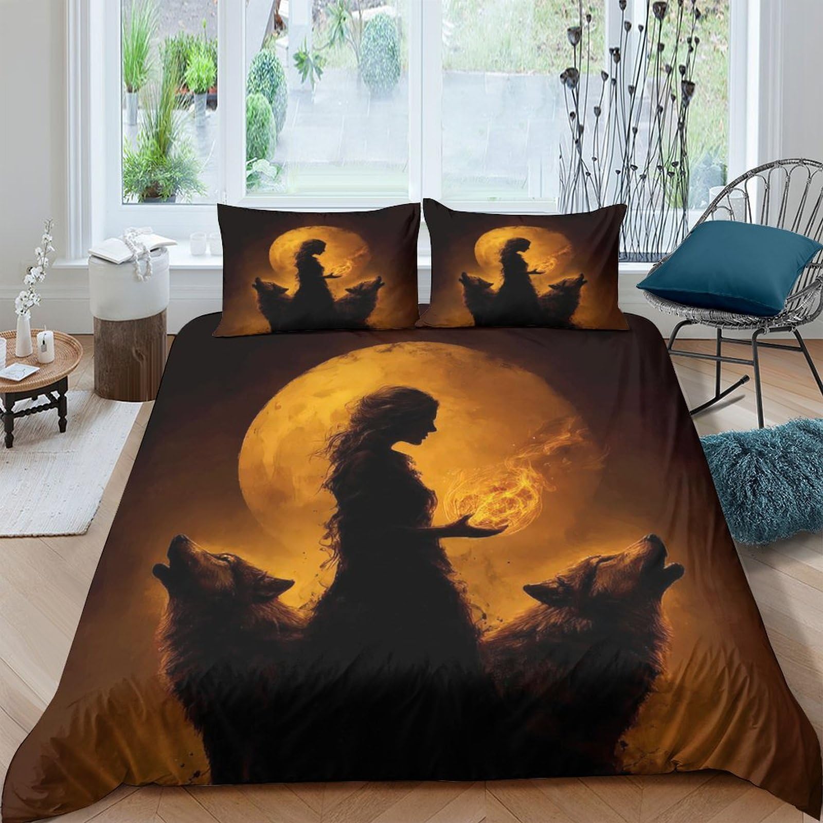 Ctjqhvkz Style-4 3D Printed Witch Moon Fitted Sheet Microfiber Soft Black Wolf Mattress Cover For Bedroom Dorm Mattress Protection Decor Single（135X200cm）