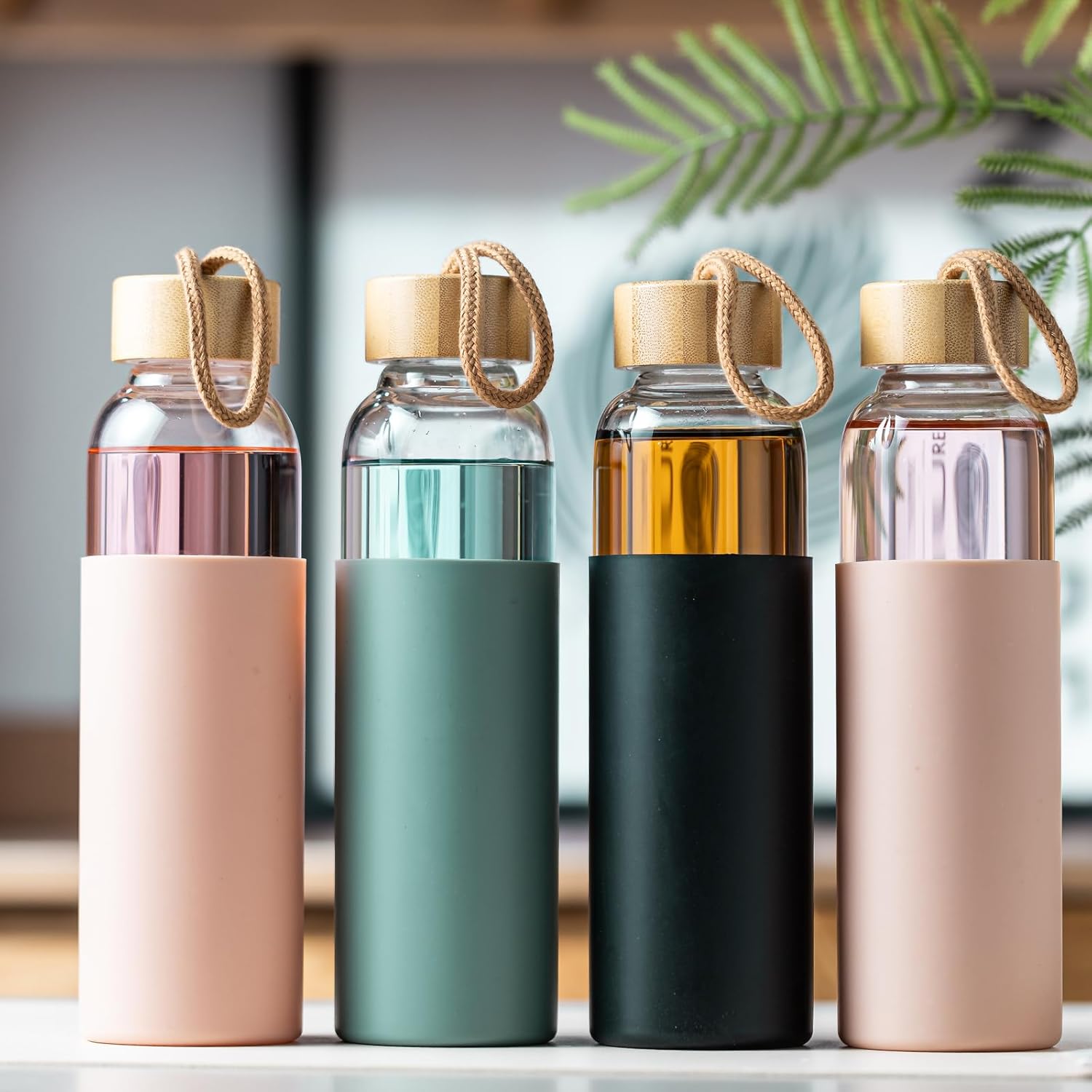 21oz Glass Water Bottle with Silicone Sleeve & Bamboo Lid, BPA Free Reusable Water Bottle Glass for Gym Office Travel, Gift for Fitness Enthusiasts (Pink) - Image 3