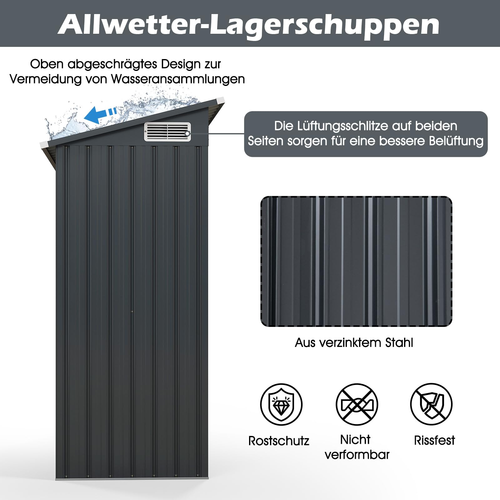 COSTWAY Gartenhaus Metall, Gerätehaus mit Pultdach & Tür (Dunkelgrau) | Geräteschuppen abschließbar, Gartenhütte Gartenschuppen, Garten Schuppen Outdoor, 150 x 90,5 x 185 cm | 1,5 m³