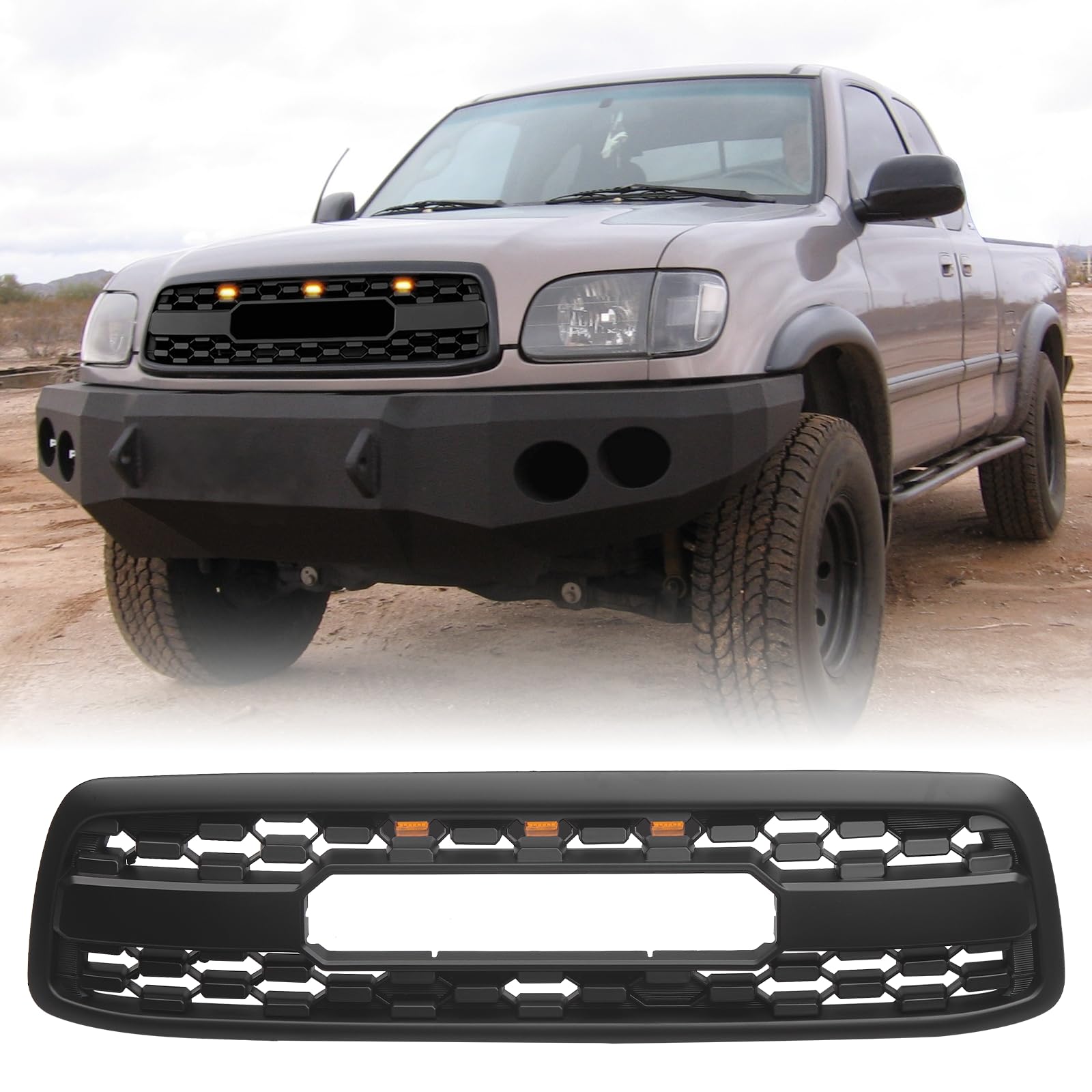 LKMQDYZ Front Grill Compatible with 2000 2001 2002 Tundra Front TRD Style Grille Replacement ABS Grille with Letters and Lights, Matte Black