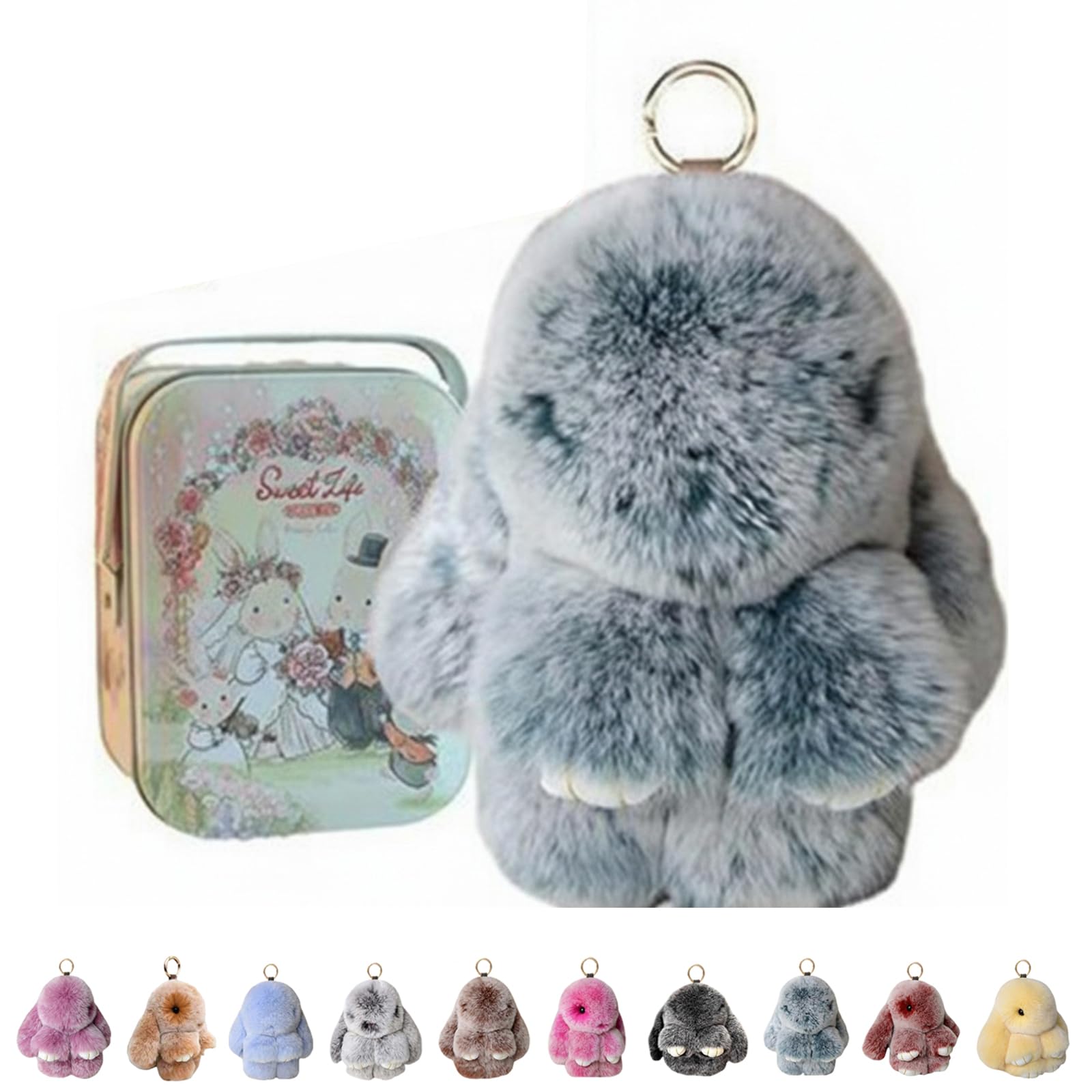 ByteCraft Bunnylulu Keychain With Tin Box, Soft Plush Bunny Keychain, Fluffy Rabbit Key Ring Charm for Easter, Handmade Cute Ornament for Handbag & Backpack