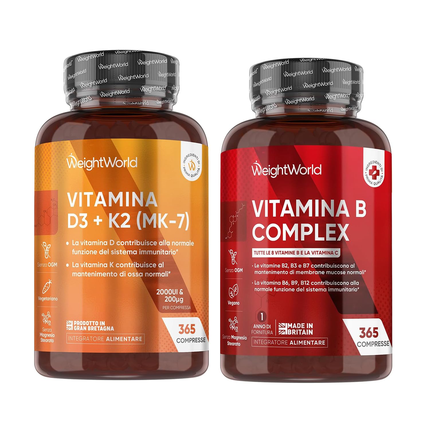 Vitamina B Complex e Vitamina D3 K2 Bundle,365 + 365 Compresse, con Biotina, Acido Folico, Riboflavina e Inositolo, Vit D3 e K2, 2000UI Colecalciferolo e 200μg Menachinone, Senza Magnesio Stearato