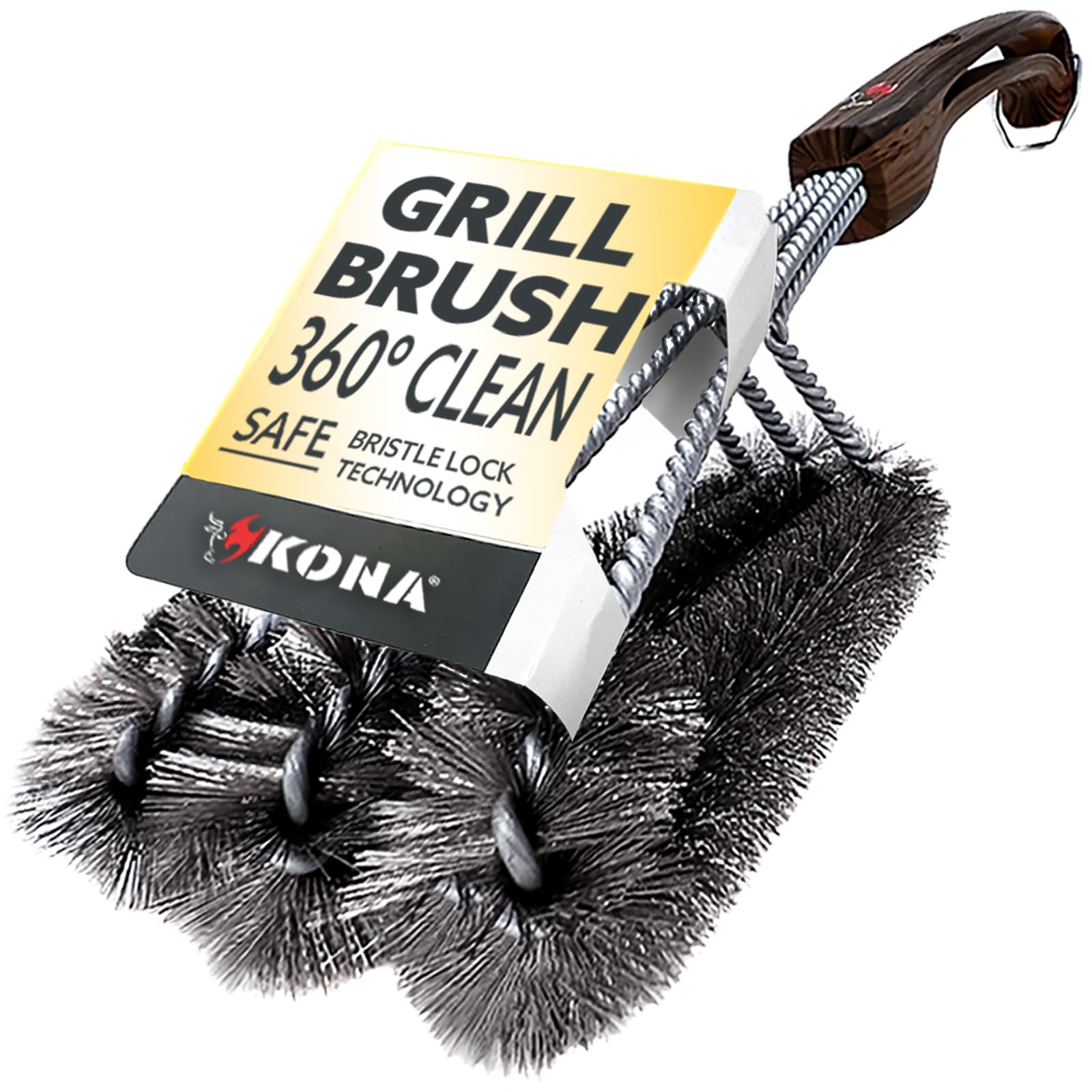 Kona 360 Clean Grill Brush - 18 inch Best BBQ Grill Brush - Wood Grain Designer Handle - Stainless Steel 3-in-1 Grill Cleaner Provides Effortless Cleaning