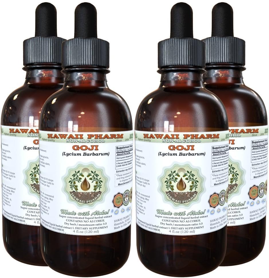 Hawaii Pharm Goji Alcohol-Free Liquid Extract, Goji (Lycium Barbarum) Dried Berry Glycerite Natural Herbal Supplement 4x4 oz