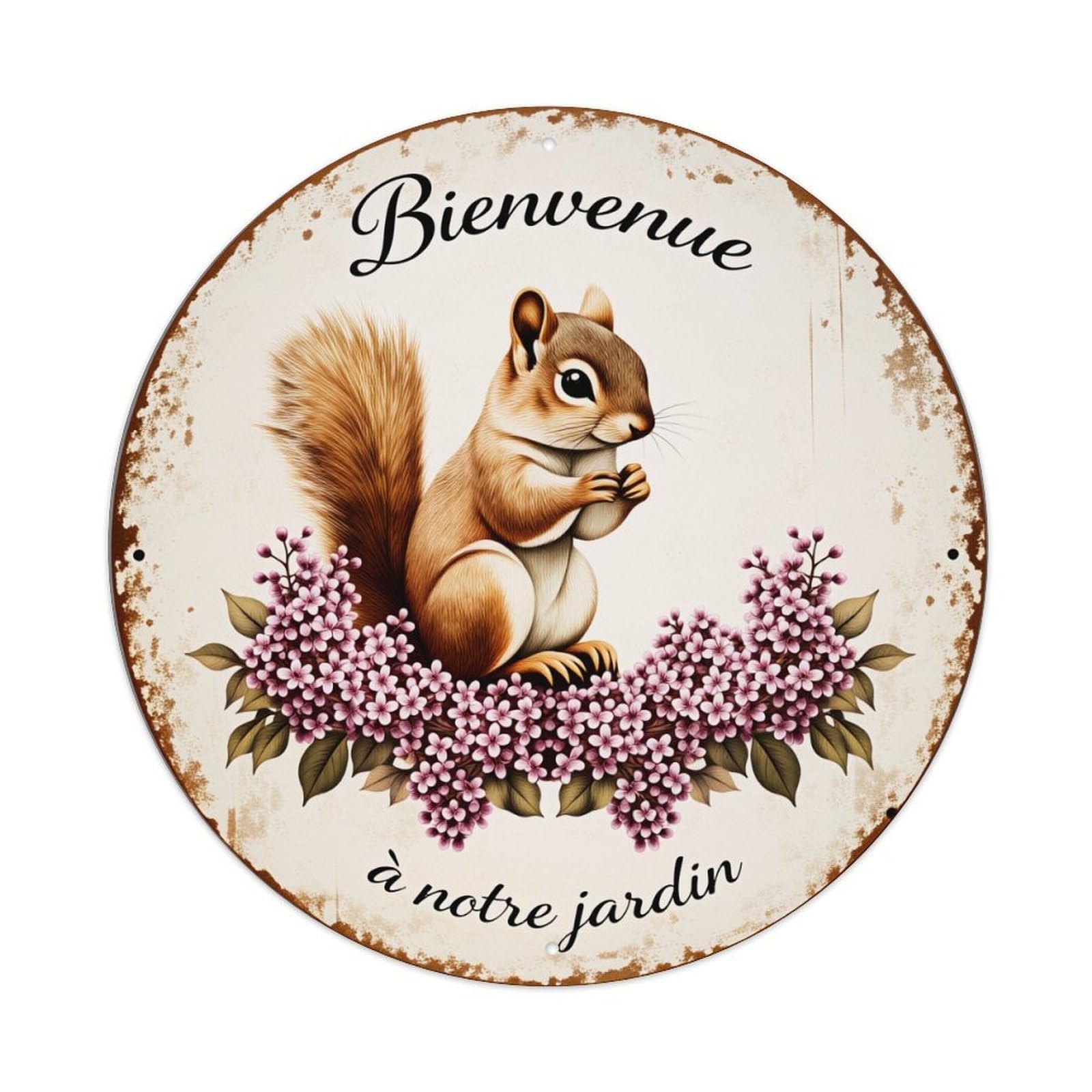 Squirrel Flowers Garden Welcome Sign Round Vintage Tin Sign,Retro Wall Art,Metal Poster for Home, Bar, Garage, Cafe, Rustic Indoor & Outdoor Decor, 8x8 Inches