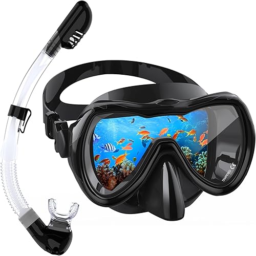 Snorkeling Gear for Adults, Snorkel Mask Set 180° Anti-Fog Tempered Glass, Food-Grade Silicone Anti-Leak Scuba Gear with Dry-Top Snorkel, Diving Mask for Snorkeling, Swimming