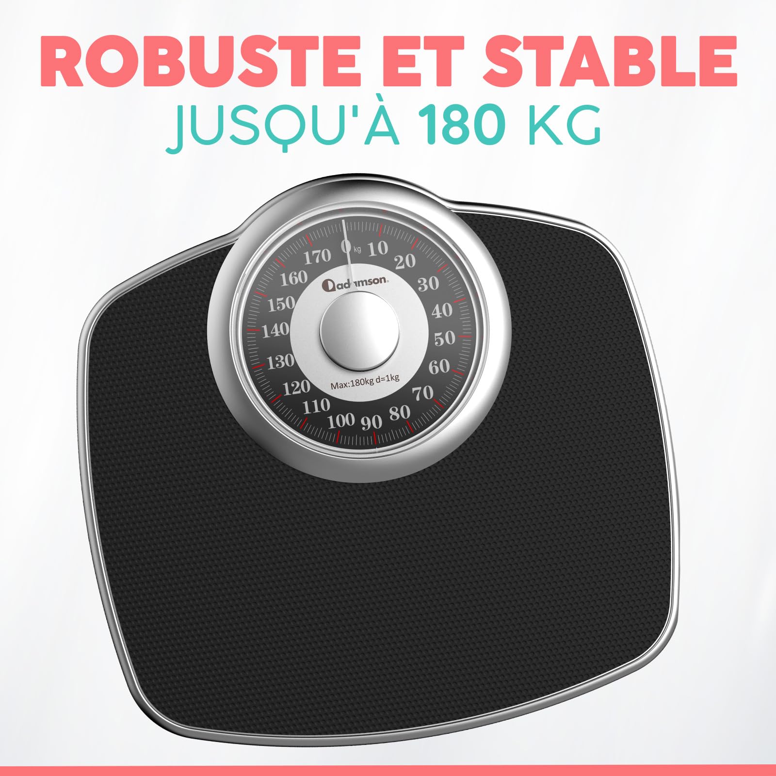 Adamson A25 Pèse-Personne Pour Poids Corporel - Jusqu’à 180 KG - Cadran 5,3” Sur Plateforme 31x30 CM - Surface en Caoutchouc Antidérapant - Pèse-Personne Analogique - 20 Ans de Garantie - Argent