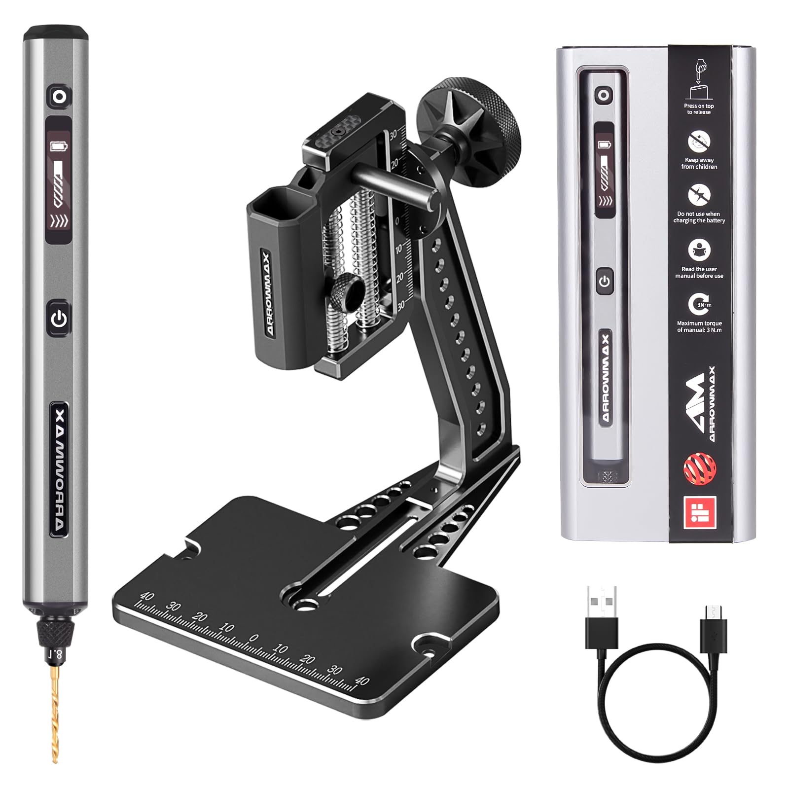 Mini trapano elettrico a 5 velocità con pressa da banco Hedgehog, 10 punte piccole ARROWMAX con scatola in alluminio, display OLED, luci LED, mandrino autoserrante da 3/32 pollici (SDS ULTRA PLUS)