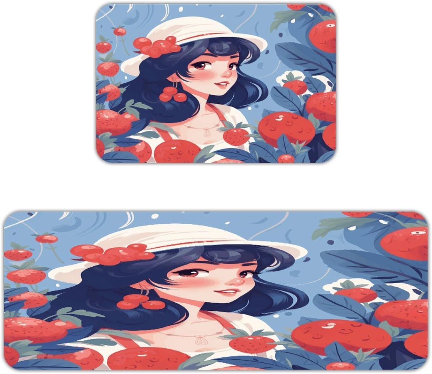 Girl and Red Berries Kitchen Mats with 2PCS Non-Slip Washable,Kitchen Rug Heavy Duty Durable, Floor Mats for Kitchen,Office,Sink,Laundry