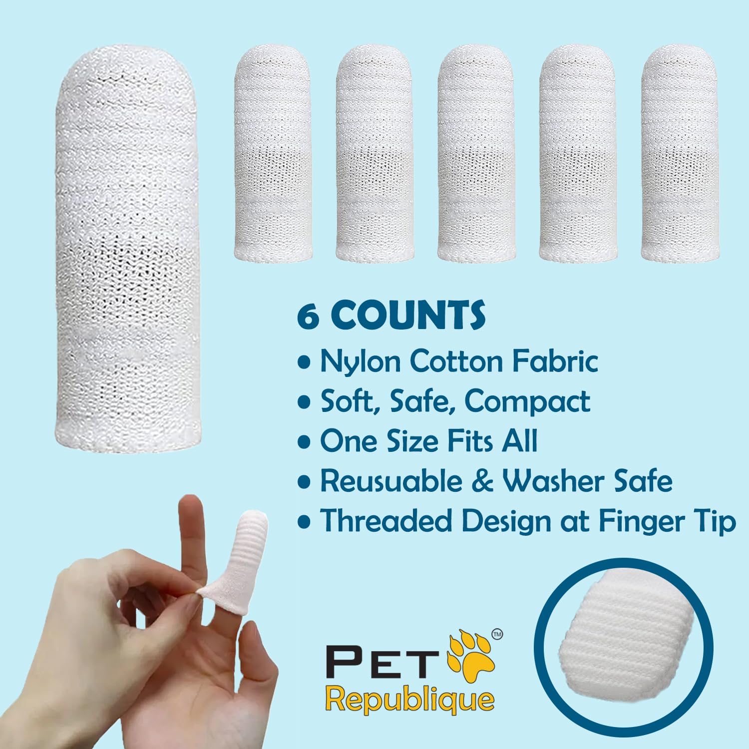 Pet Republique Kit de cepillo de dientes de tela suave para perros y gatos, lavable y reutilizable (6 unidades)
