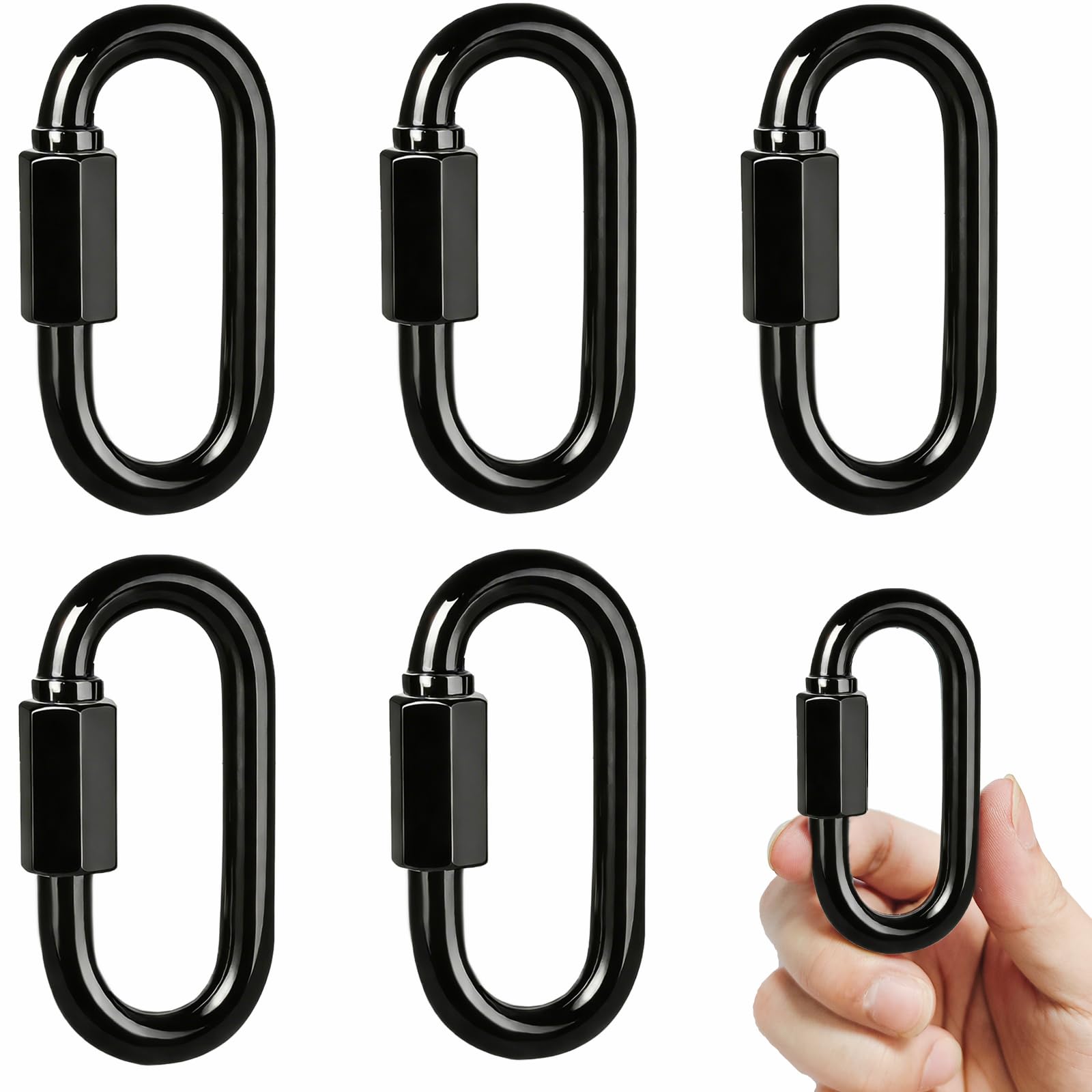 Twours Quick Link Black Chain Link Galvanized Steel Heavy Duty D Shape Locking Carabiner Keychain for Outdoor Traveling Equipment (M8,5pcs)