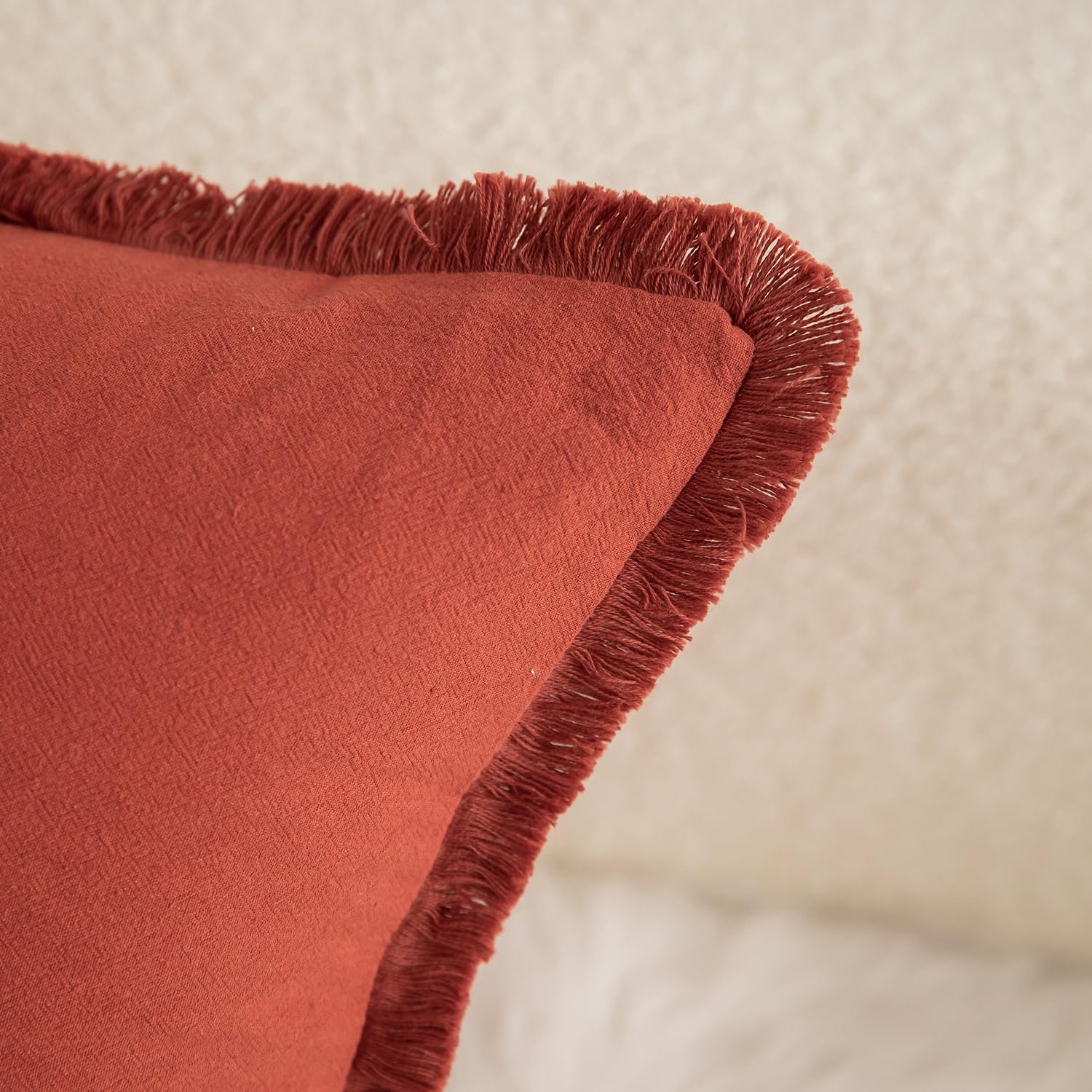 Mandioo Set of 2 Neutral Cotton Fringe Cushion Covers 65x65 cm 26x26 inch Decorative Boho Farmhouse Throw Pillowcase Cozy Tassels for Couch Sofa Bedroom Living Room Home Decor Burnt Brick - Image 2