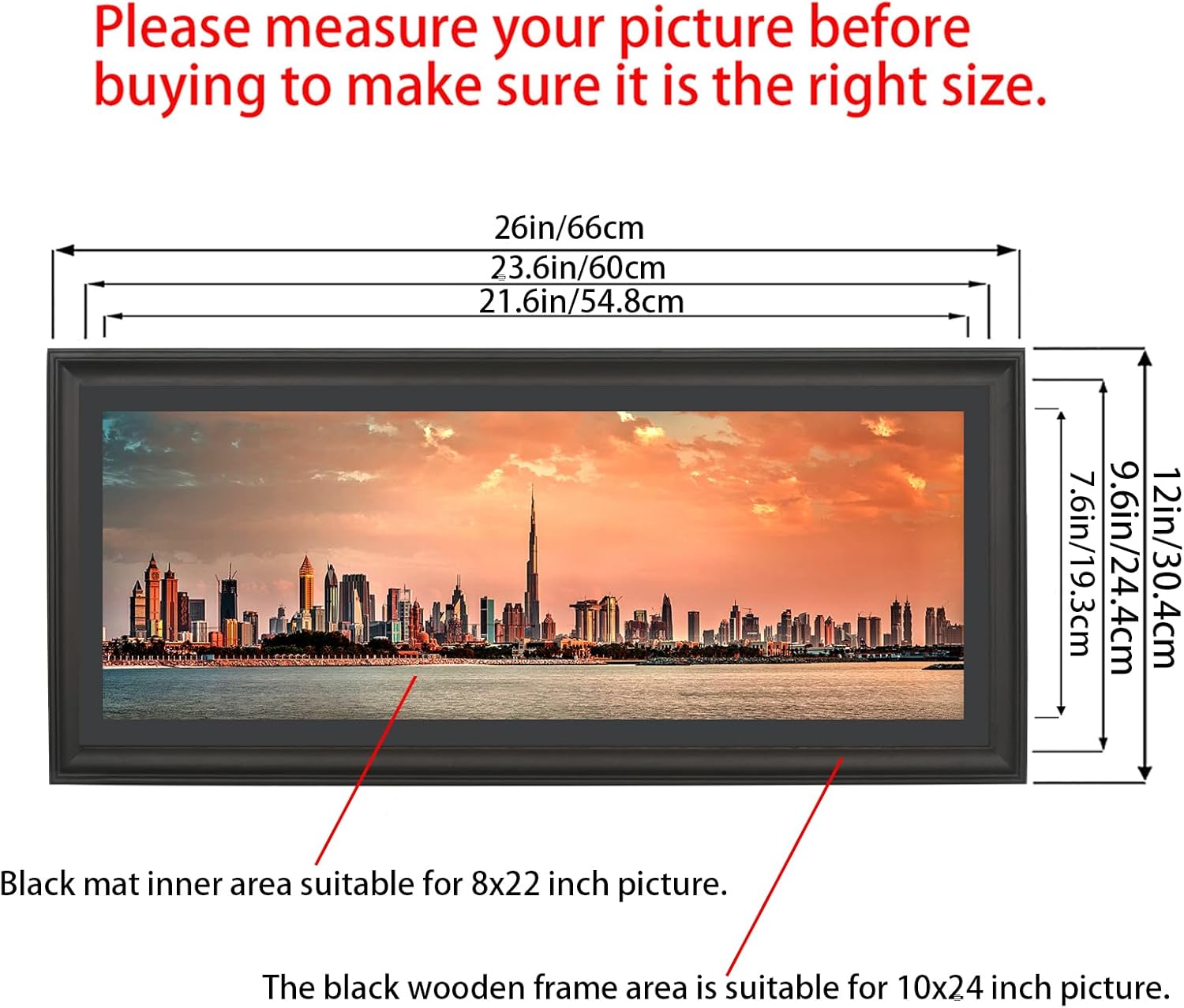 LTYHHK 10x24 Panoramic Picture Frames Solid Wood with 8x22 Black Mat, Displays 8x22 with Mat or 10x24 Inch without Mat, 10x24 Poster Frame 8x22Photo Frames Family Wall Black (L23B1024B822)