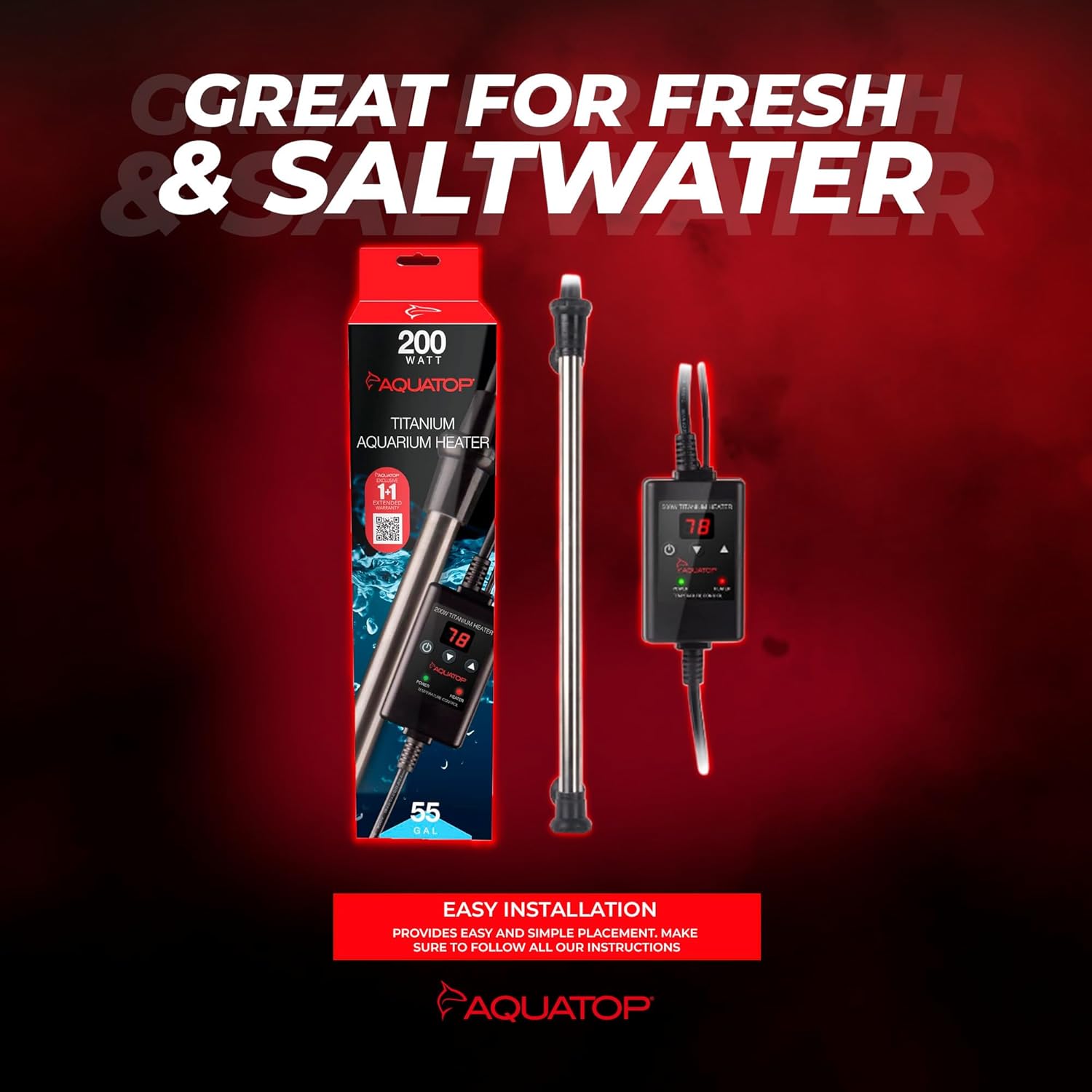 Aquatop Titanium Heater with Controller - Adjustable Temperature for Aquariums Up to 55 Gallons - Ideal for Turtles & Large Fish - Easy to Use and Install